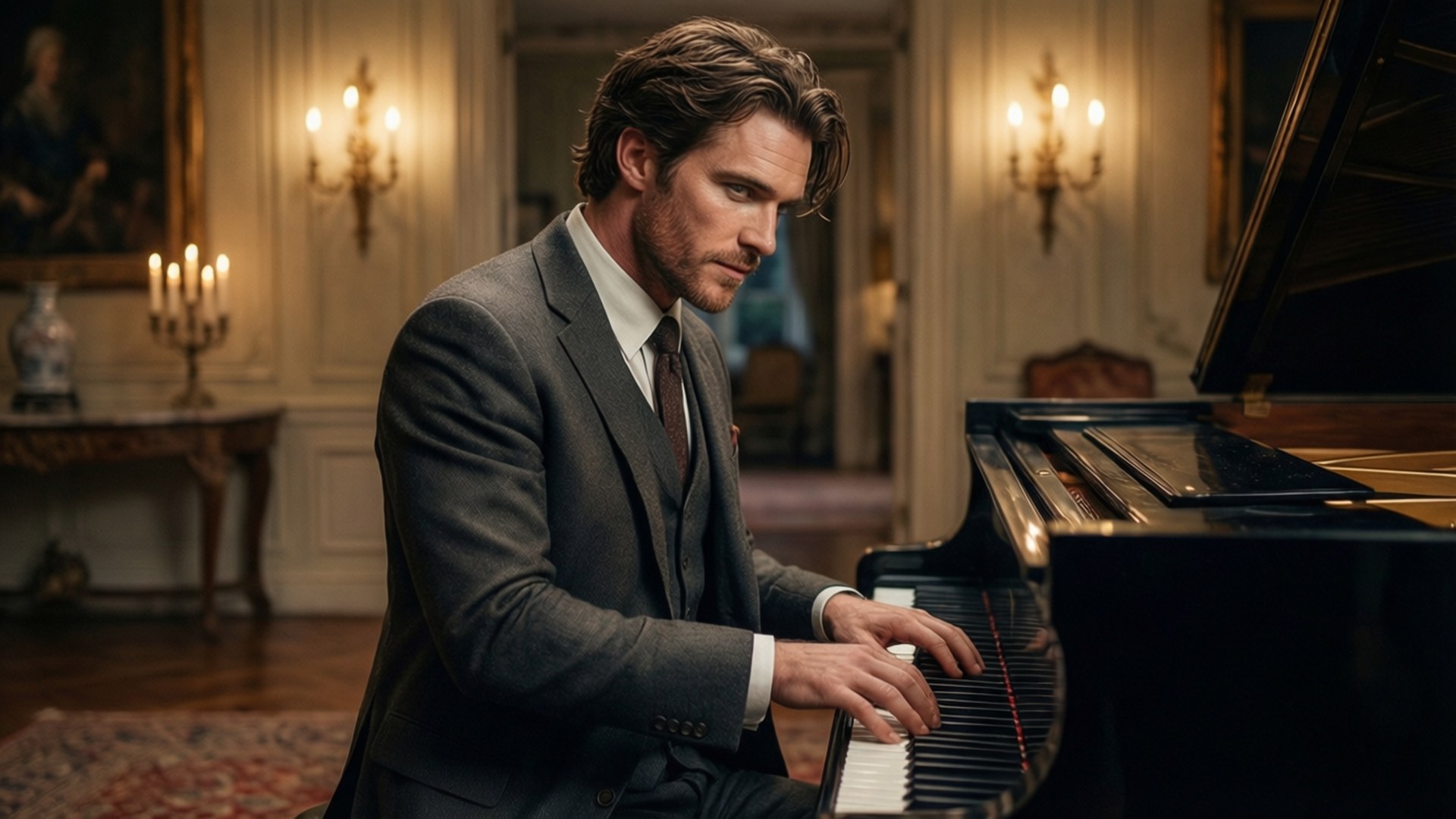 Elijah at the Piano 壁紙 — 一位身穿灰色西裝的男子在一個溫暖照明、裝飾華麗的房間裡彈奏黑色三角鋼琴，房間內有蠟燭吊燈和裱框畫作。