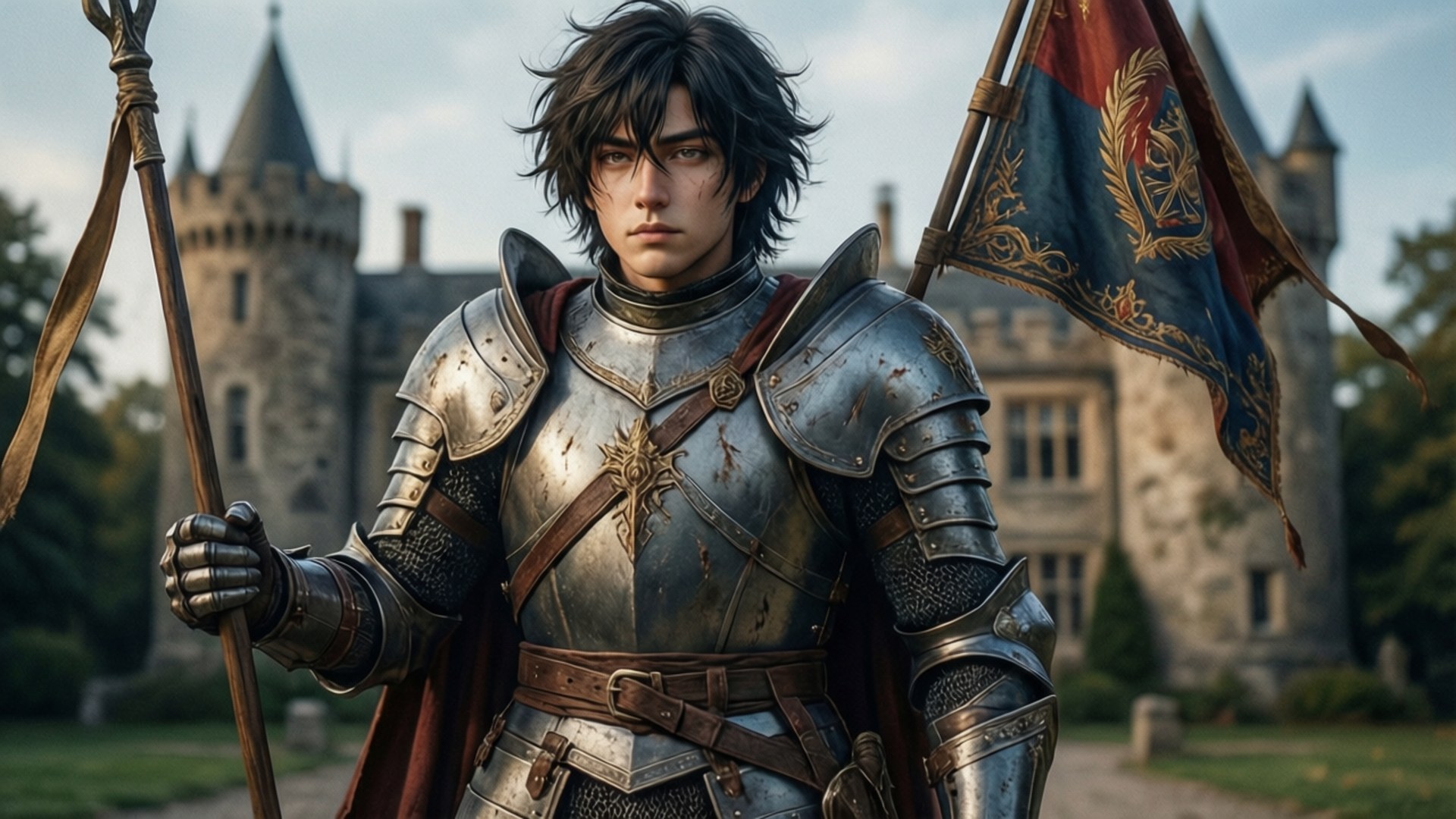 Knight Inuzuka 壁紙 — 一位身穿精細銀色盔甲的年輕騎士站在石城堡前，手持旗幟和權杖。
