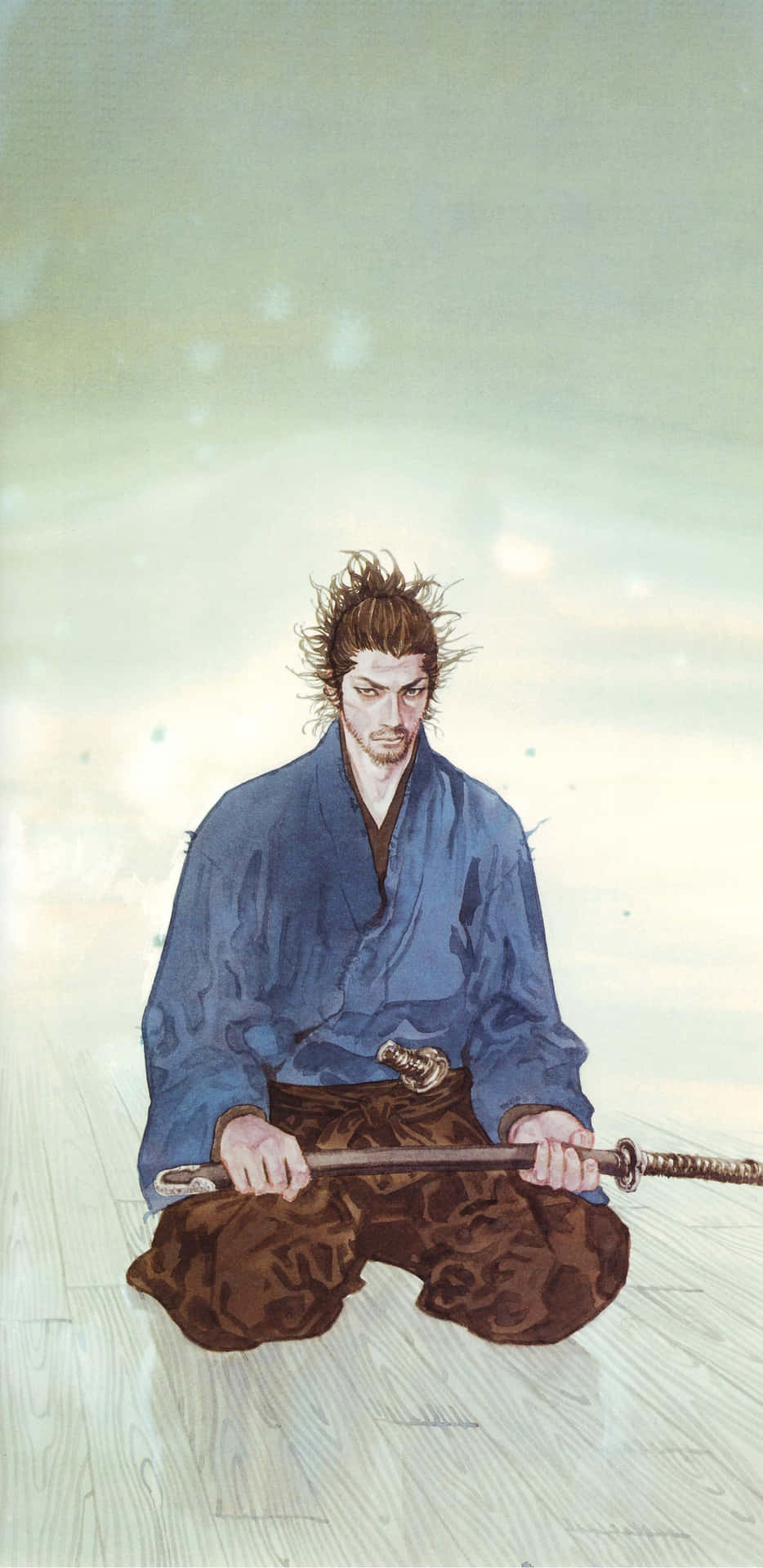  壁紙 — 一位身穿藍色長袍的武士武士盤腿而坐，手持武士刀，背景是柔和發光的天空。