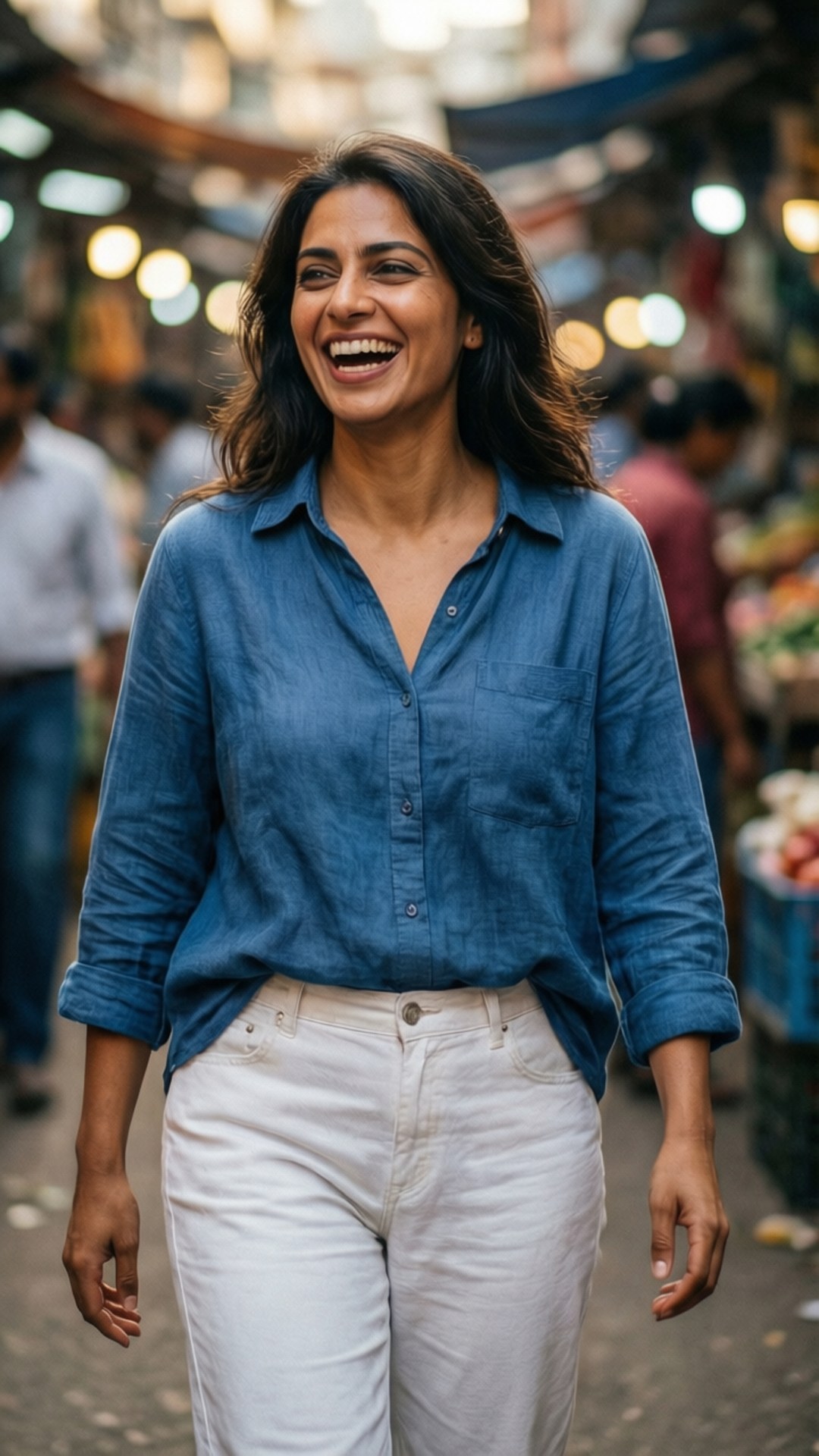 Market Laugh 壁紙 — 一位身穿藍色襯衫和白色褲子的快樂女士，在身後溫暖的散景燈光下，笑著走過熱鬧的市場。