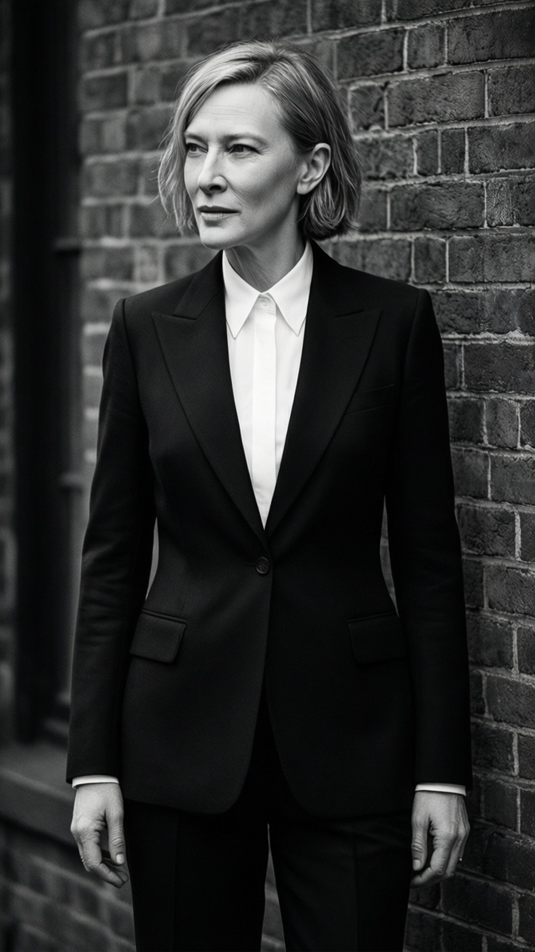 Cate Blanchett 桌布 壁紙 — 一位身穿俐落黑色西裝的優雅女士，靠著紋理磚牆，構成引人注目的黑白肖像。