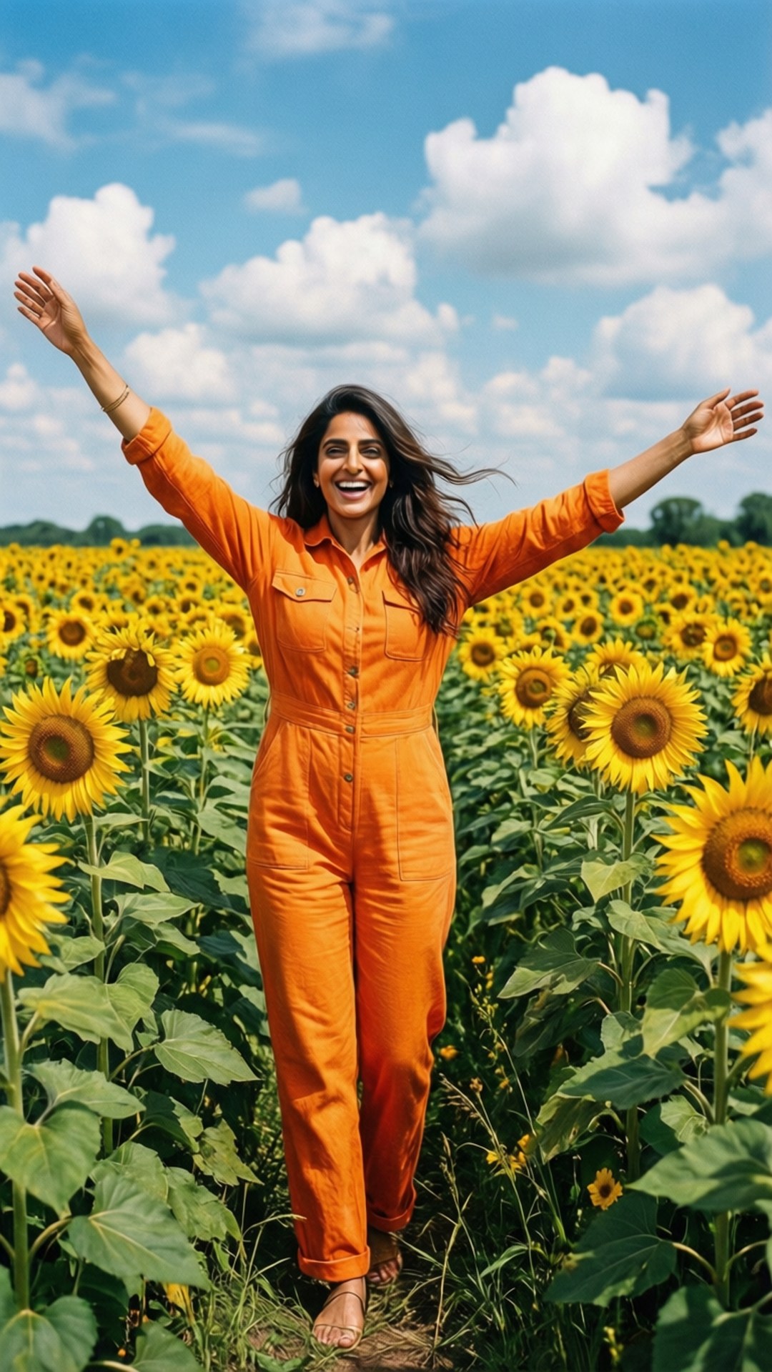 Sunflower Field Joy 壁紙 — 一位身穿亮橙色連身衣的快樂女性，在藍天白雲下廣闊的向日葵田中高舉雙臂。