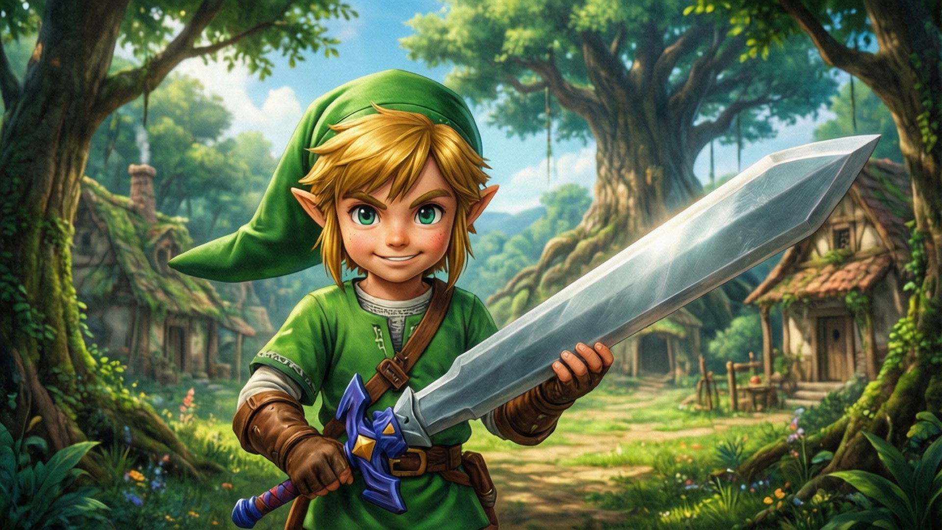 Child of the Forest 壁紙 — 一位身穿綠色束腰外衣和尖帽子的年輕精靈英雄，在陽光明媚的森林村莊中揮舞著閃閃發光的劍。