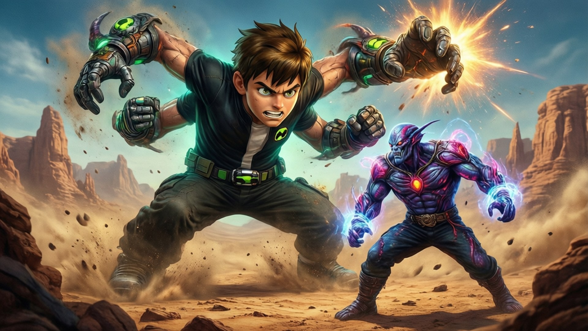 Ben 10 Epic Battle 壁紙 — 一位身穿綠色裝備的年輕英雄在塵土飛揚的沙漠峽谷中與發光的紫色反派戰鬥。