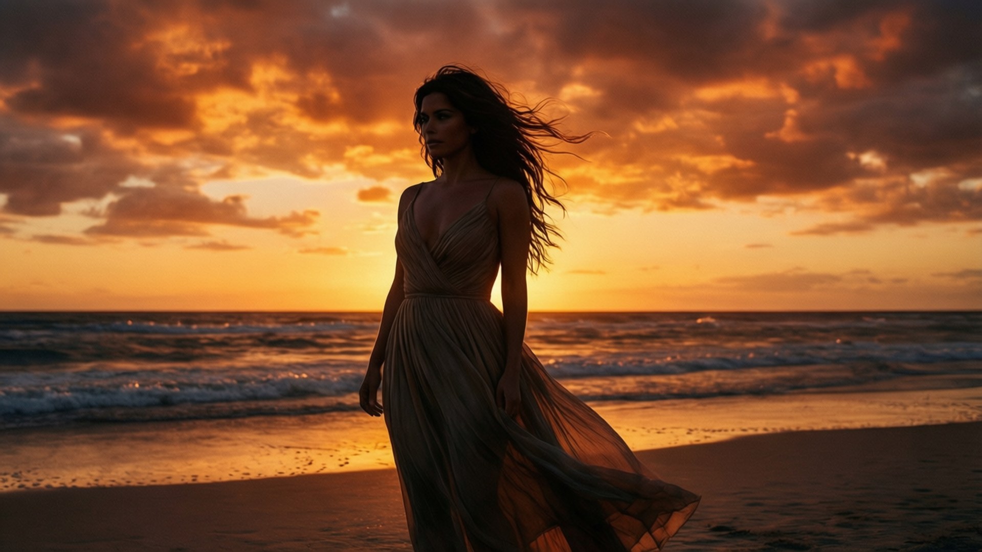shay mitchell 桌布 壁紙 — 一位身穿飄逸長裙的女性站在沙灘上，金色夕陽的光芒照亮了她的剪影，映襯著戲劇性的橙色雲彩。