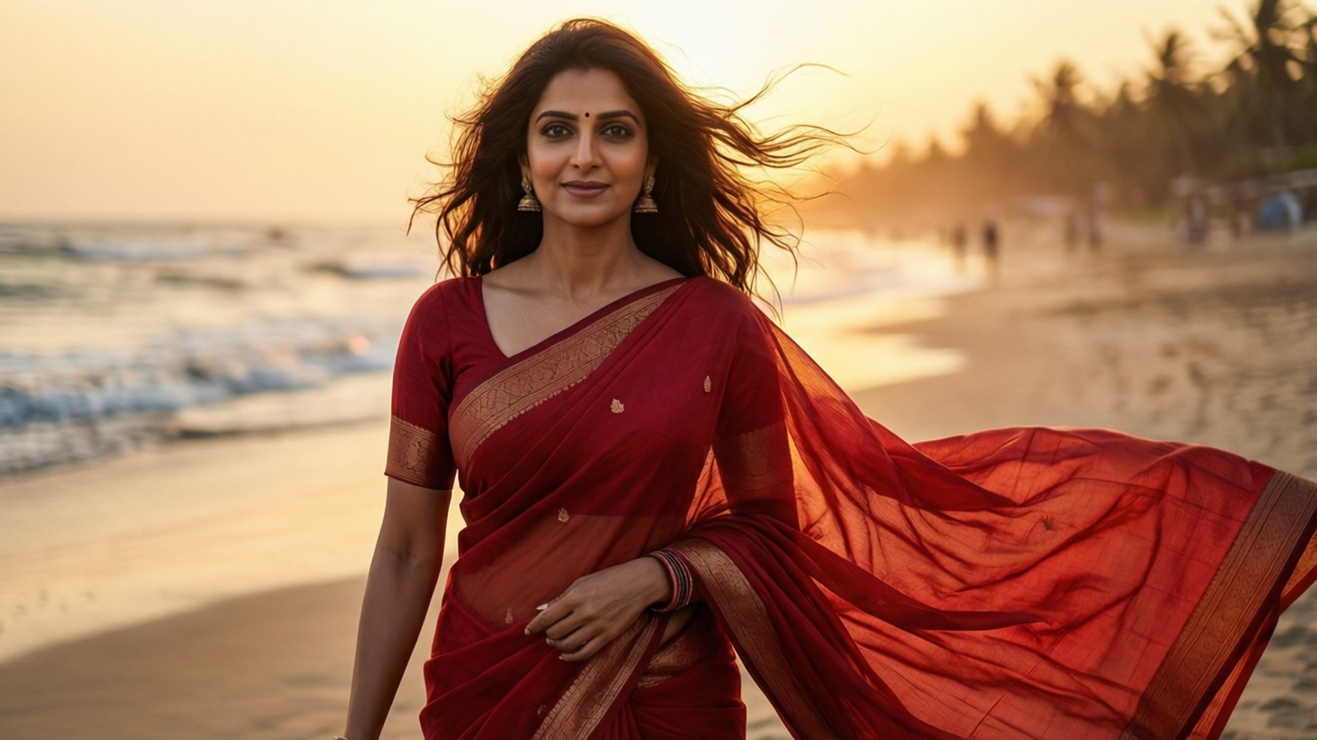 Sunset Saree Serenity 壁紙 — 一位身穿飄逸紅色紗麗的女性在陽光明媚的海灘上行走，身後海浪拍打。