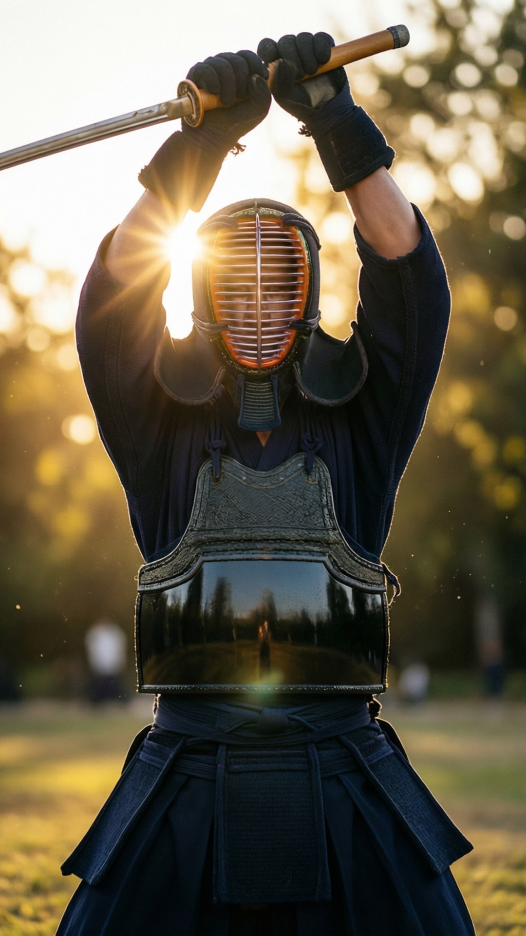 Kendo 桌布 壁紙 — 一位身穿全套裝備的劍道練習者，在燦爛的夕陽背景下舉起竹劍。