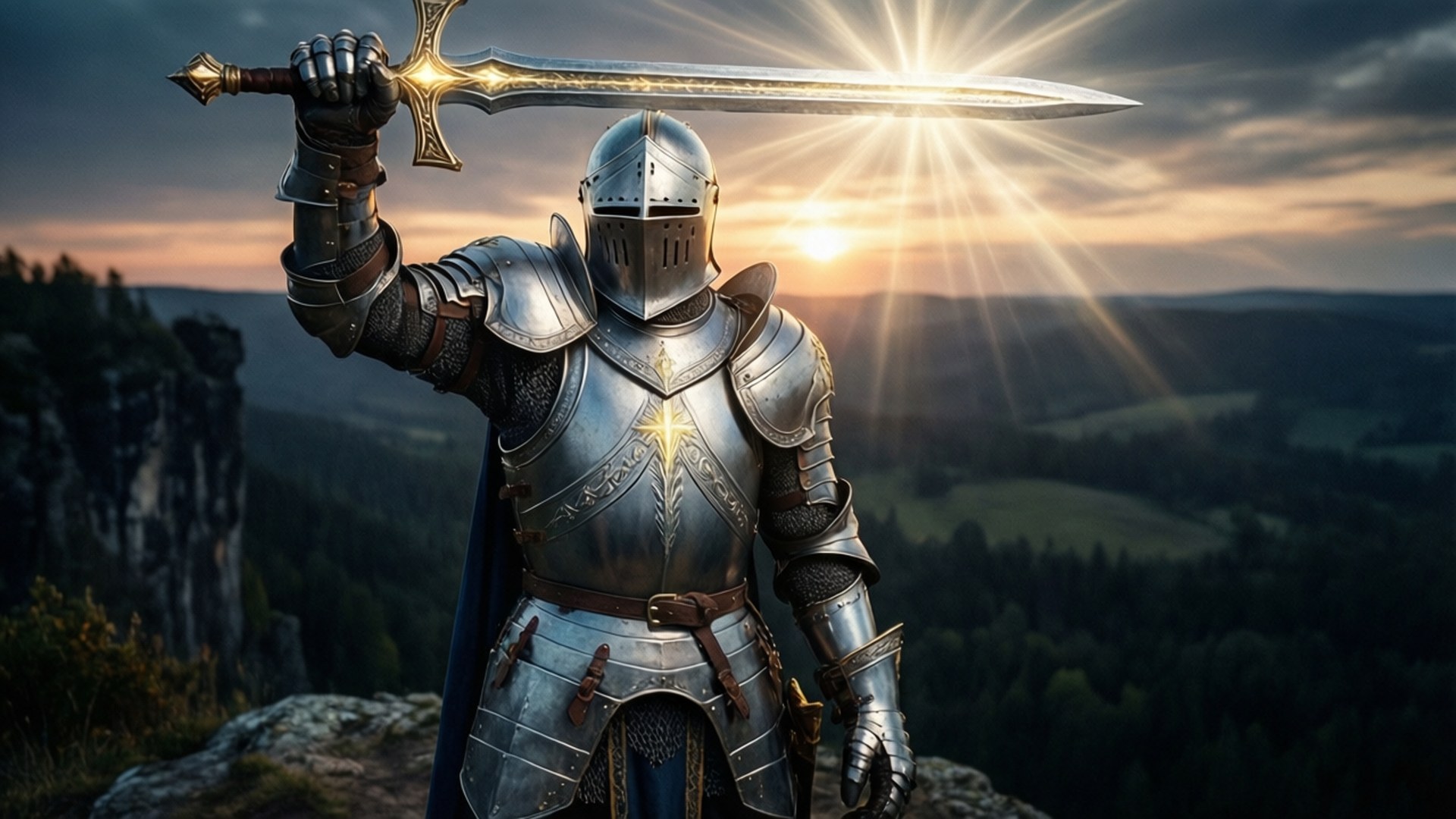 Dawn of the Paladin 壁紙 — 一位身穿閃亮銀色盔甲的騎士，在森林覆蓋的山谷上方，對著日出舉起一把光芒四射的劍。