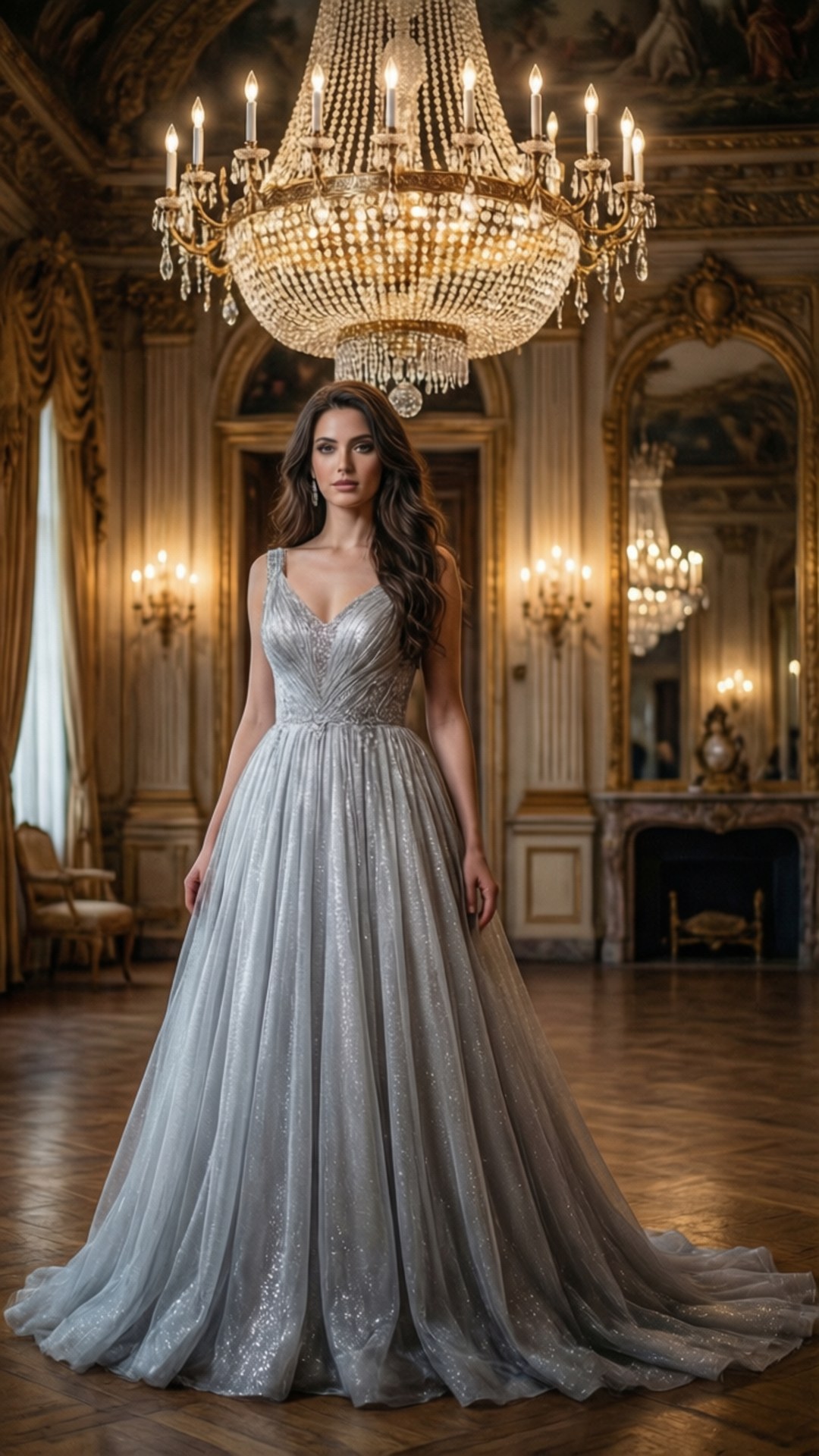 Ballroom Elegance 壁紙 — 一位身穿閃亮銀色禮服的女士站在華麗鍍金舞廳的大吊燈下。