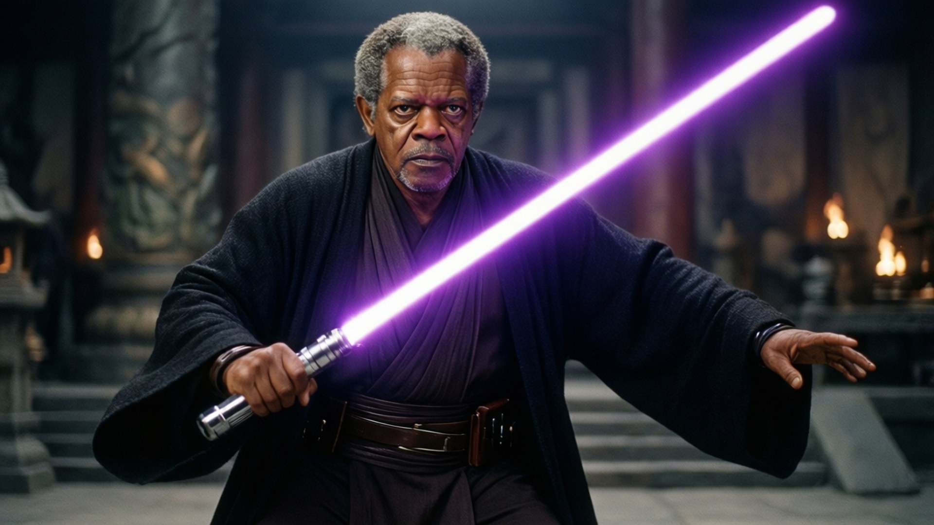Mace Windu Jedi 壁紙 — 一位身穿深色長袍的年長男子在光線昏暗、有石柱和搖曳火把的寺廟中揮舞著發光的紫色光劍。