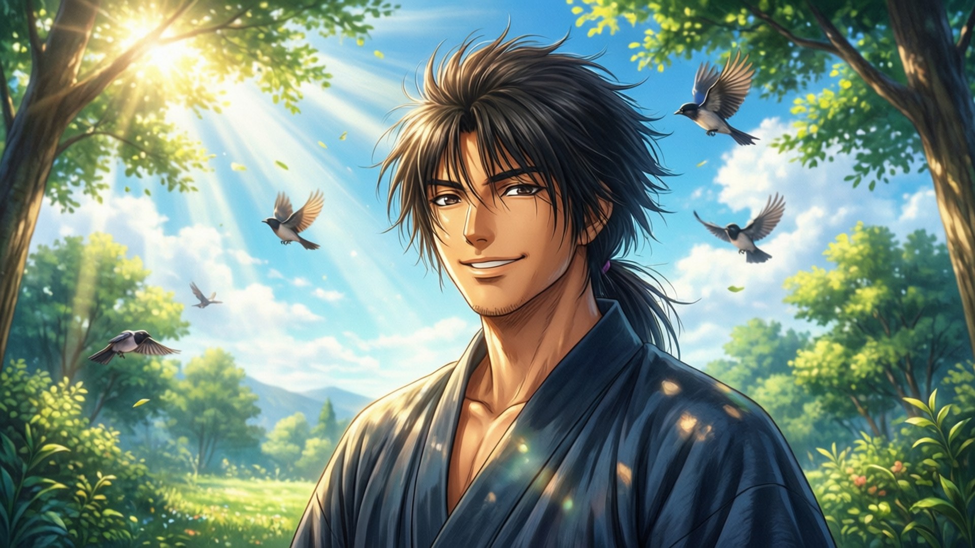Yasuke 桌布 壁紙 — 一位身穿深色長袍的英俊動漫男子在陽光明媚的森林中溫柔微笑，鳥兒在他周圍飛翔。