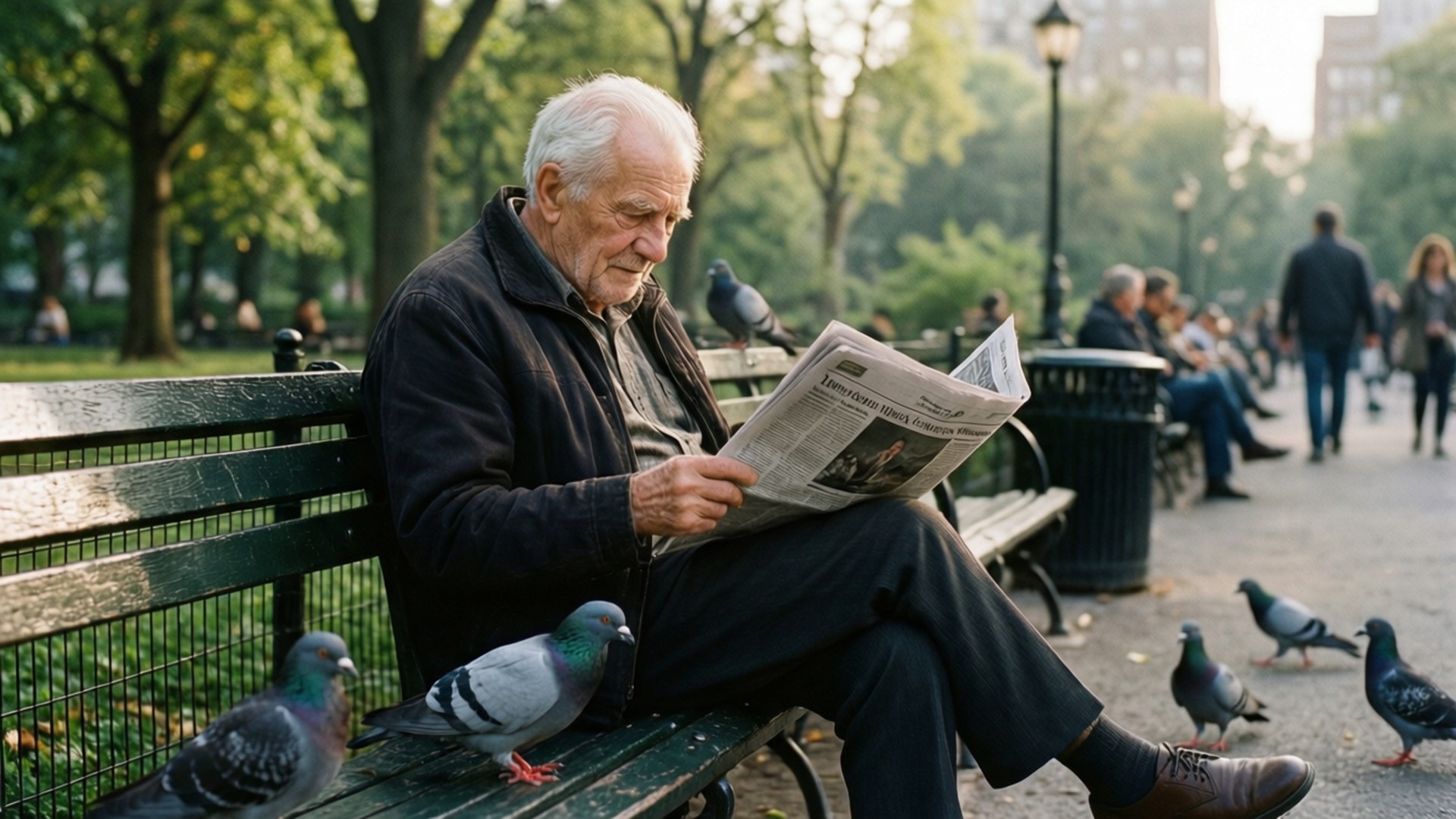 Park Bench Reader 壁紙 — 一位身穿深色夾克的老人坐在綠色公園長椅上閱讀報紙，鴿子聚集在他周圍。