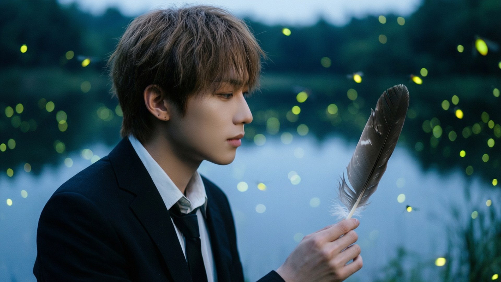 Reflection of Feathers 壁紙 — 一位身穿深色西裝的年輕男子在黃昏時分靠近發光的湖泊手持羽毛。