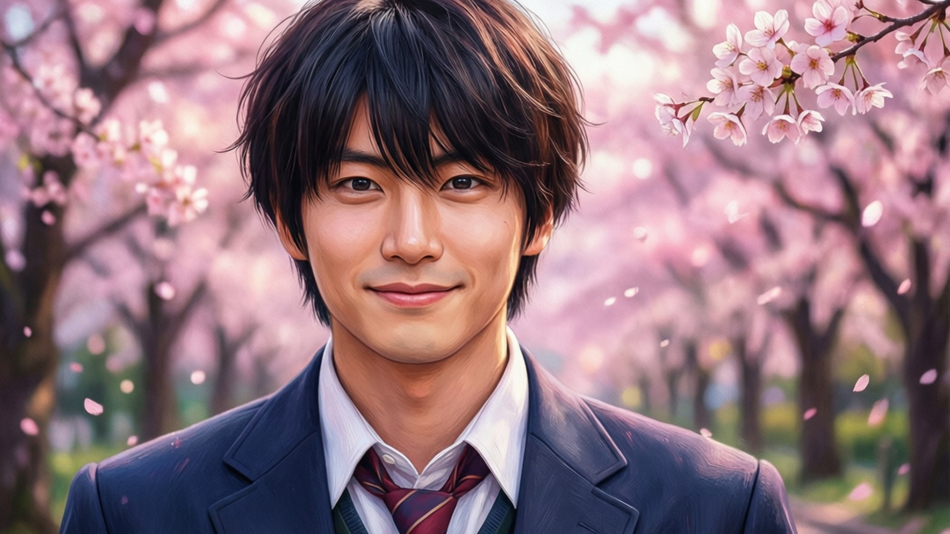 Cherry Blossom Mitsuba 壁紙 — 一位身穿深色西裝和條紋領帶的年輕男子，在盛開的粉紅色櫻花樹冠下溫柔地微笑。