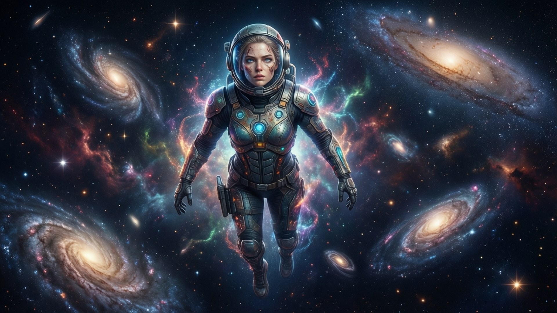 Cosmic Calamity 壁紙 — 一位身穿細節豐富太空衣的女太空人，在深空中漂浮於旋轉的星系和發光的星雲之間。