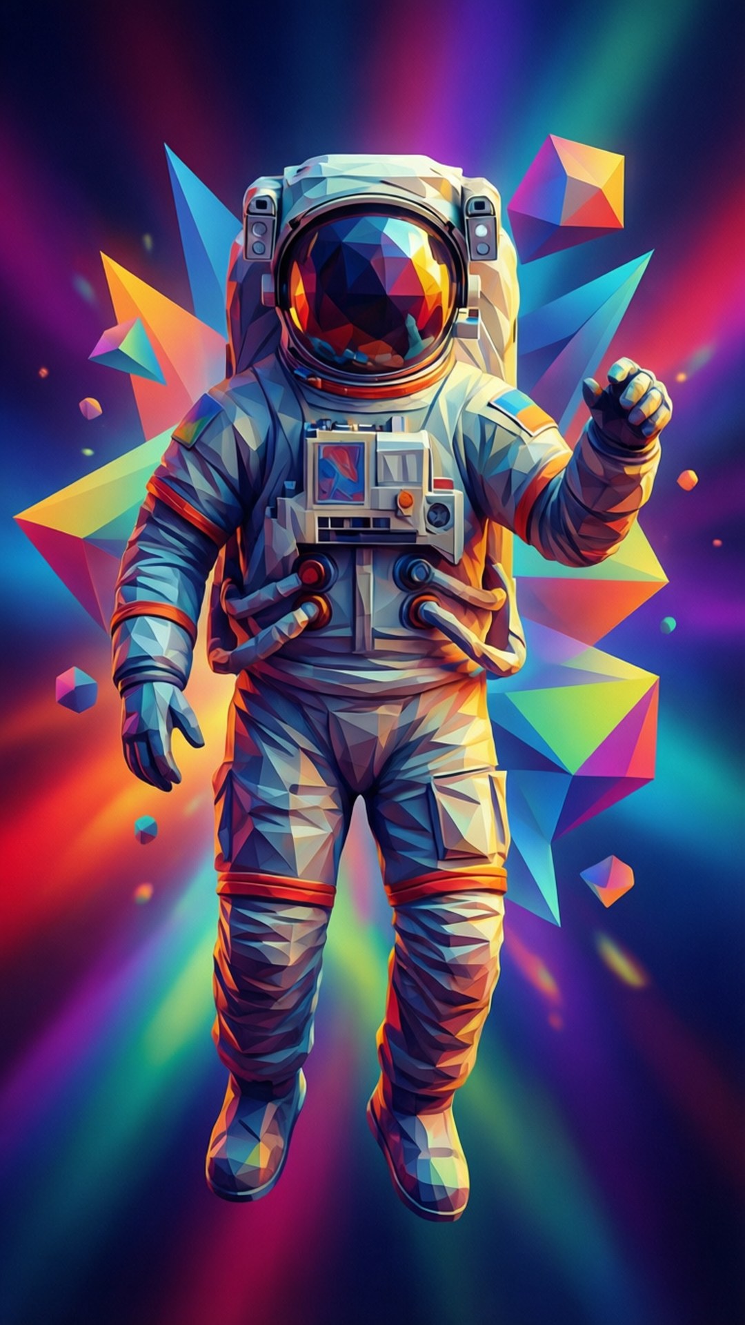 Low-Poly Astronaut 壁紙 — 一位身穿細節豐富太空衣的未來太空人，在充滿活力的宇宙背景下漂浮於發光的霓虹幾何形狀之間。