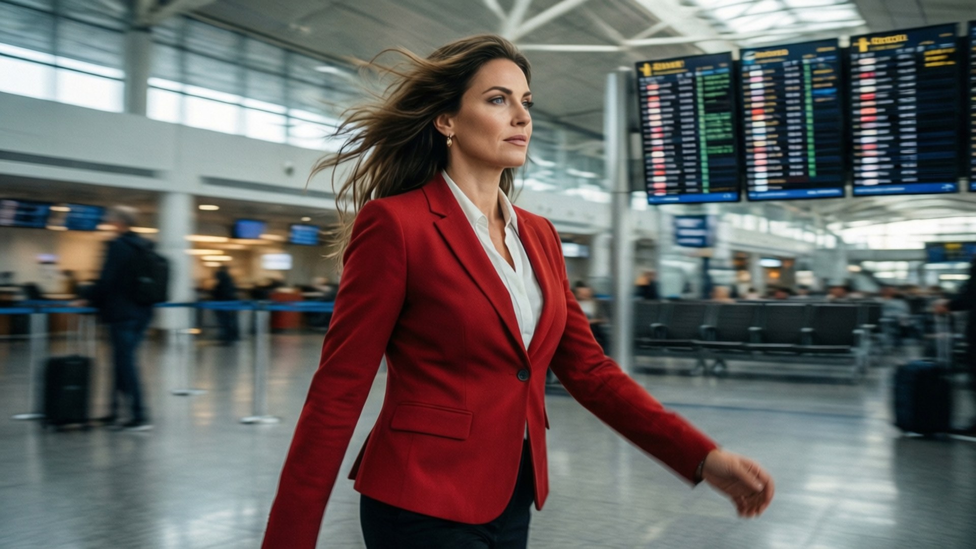 Confident Traveler 壁紙 — 一位身穿鮮紅色西裝外套的女性，在身後發光的航班顯示板襯托下，有目的地穿過繁忙的機場航廈。