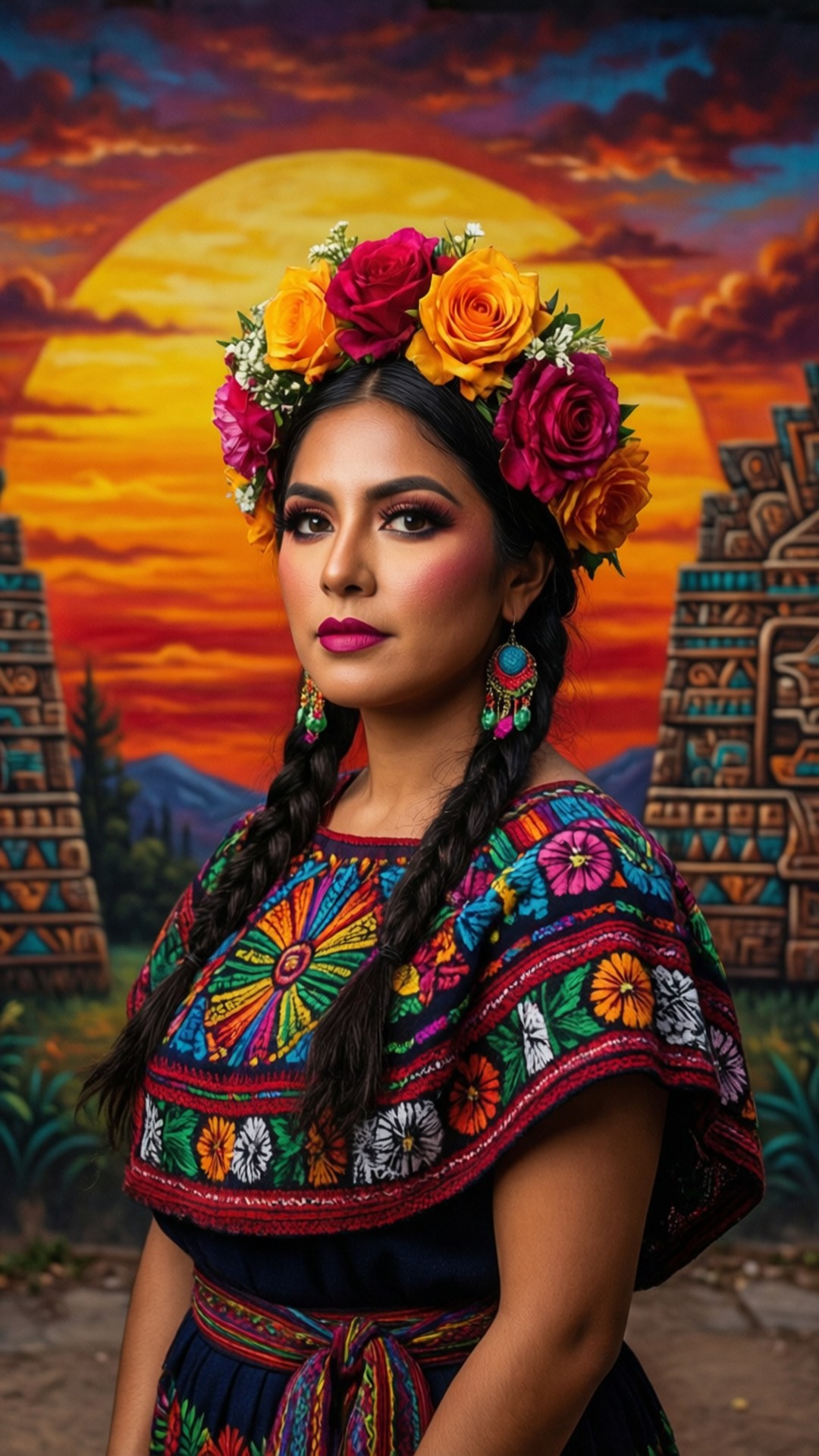 Chicana Princess 壁紙 — 一位身穿鮮豔傳統服飾、頭戴花冠的女性，在熾熱的夕陽下站在古老金字塔前。