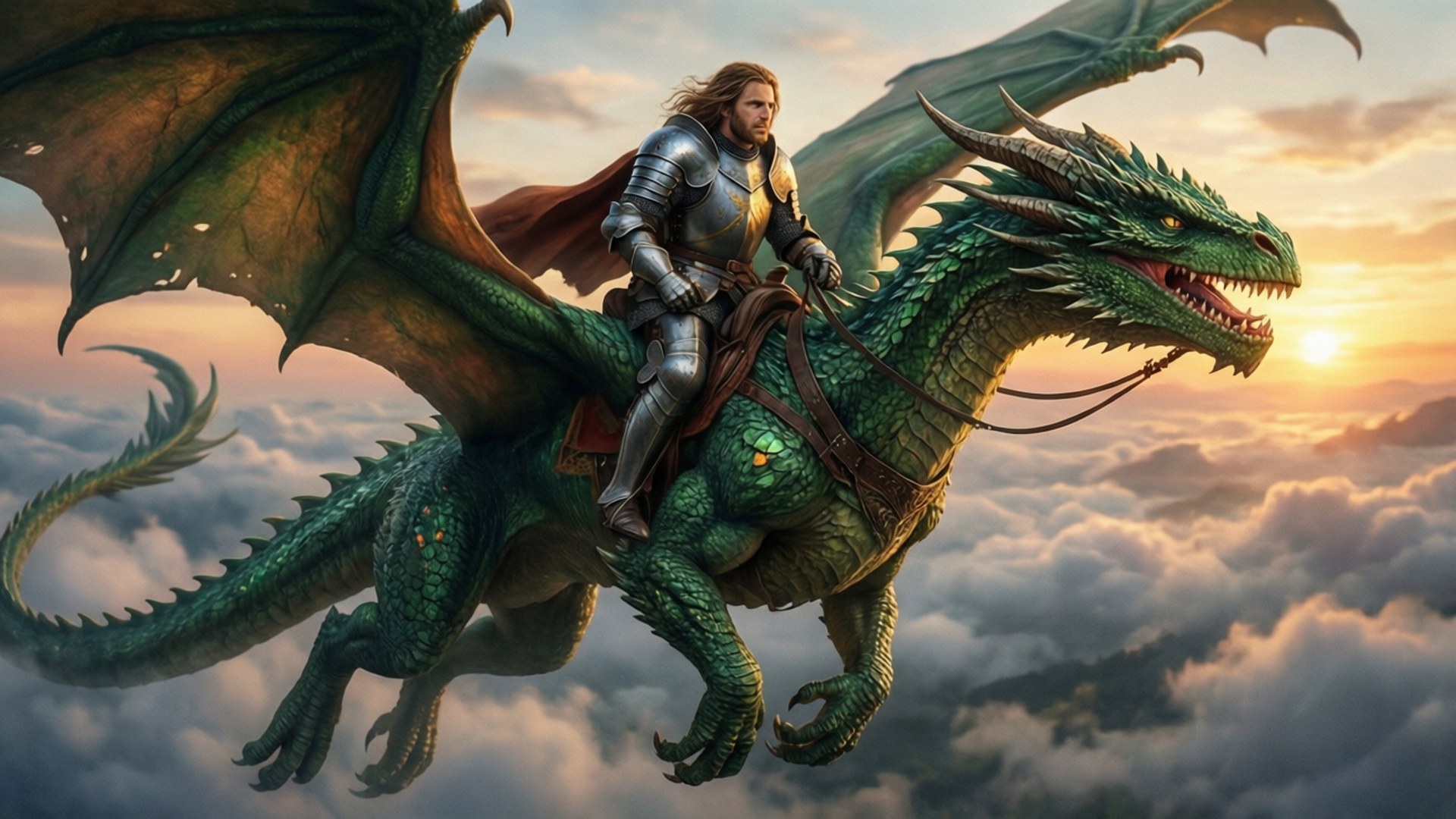 Dragon Rider 壁紙 — 一位身穿銀色盔甲的騎士騎著一條綠色的龍，在日落時分翱翔於雲層之上。