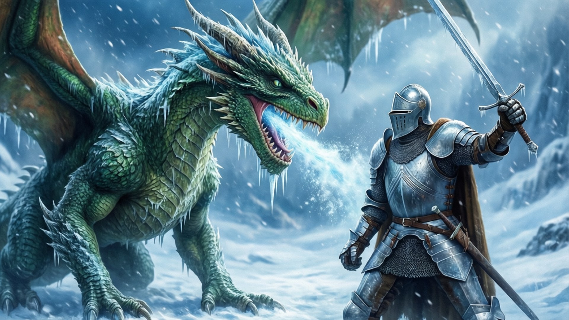 Frost Dragon Duel 壁紙 — 一位身穿銀色盔甲的騎士在白雪皚皚的山地景觀中，挑釁地對抗一隻噴吐霜凍的巨型綠色冰龍。