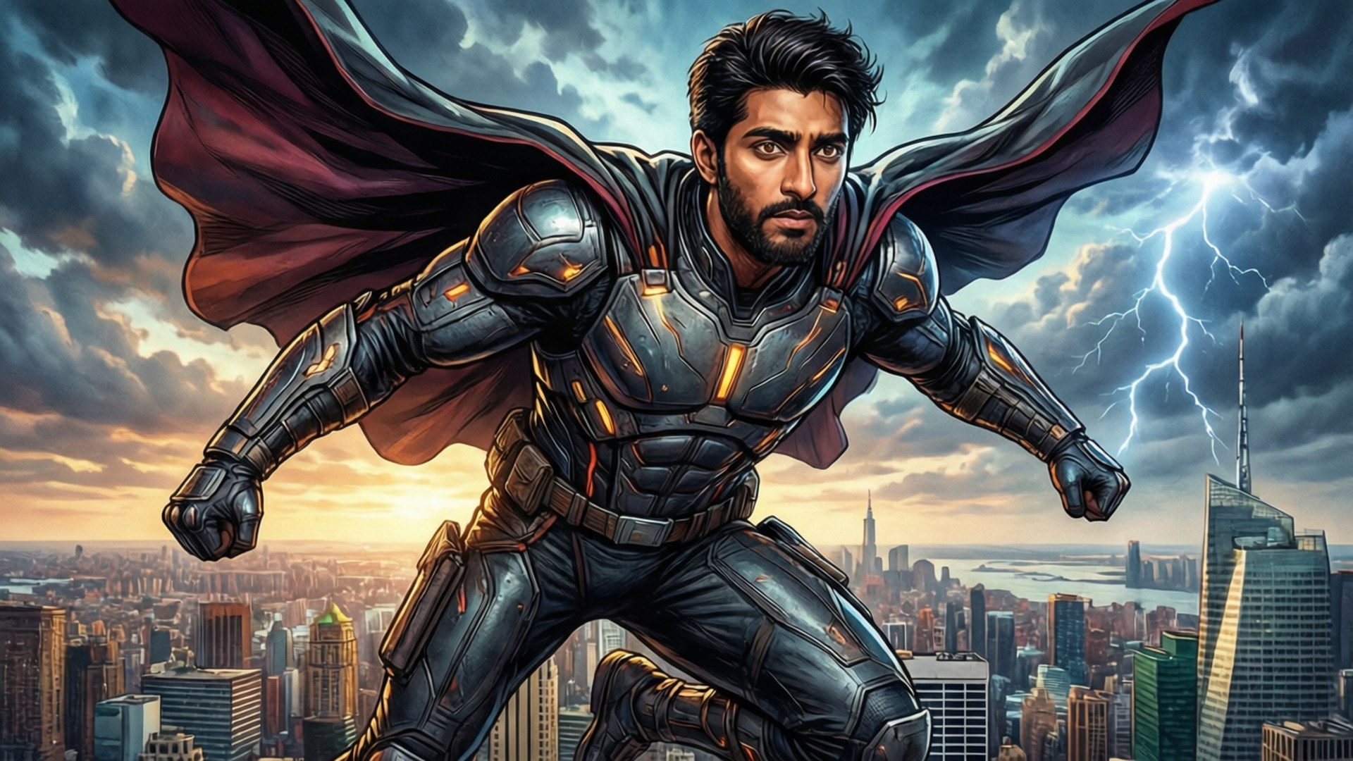 Superhero Tiger 壁紙 — 一位身穿裝甲服和飄逸斗篷的超級英雄在城市上空翱翔，身後閃電劃破天際。