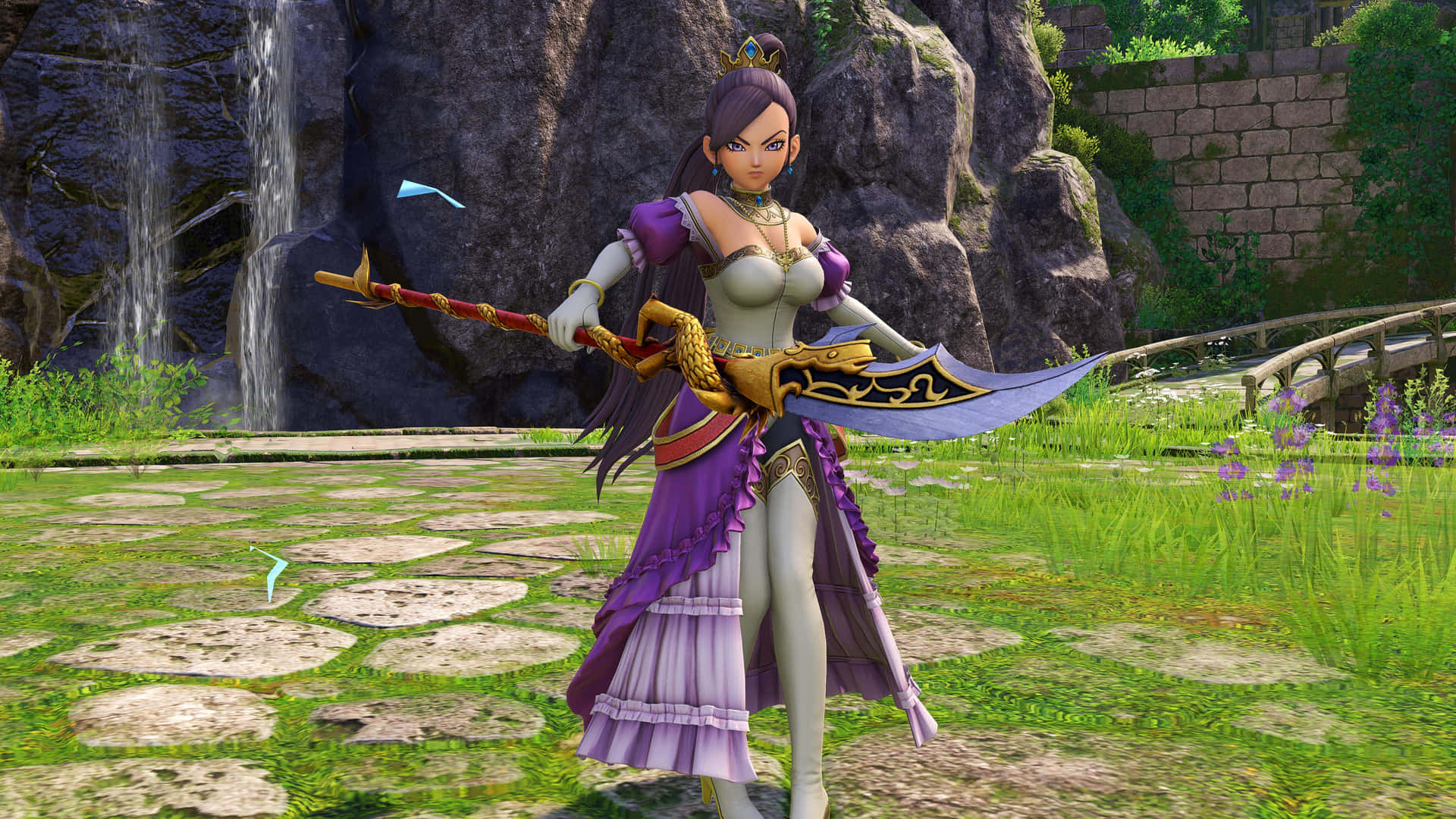 動漫女戰士身穿紫色盔甲，在瀑布附近手持大劍。 — 3D 壁紙