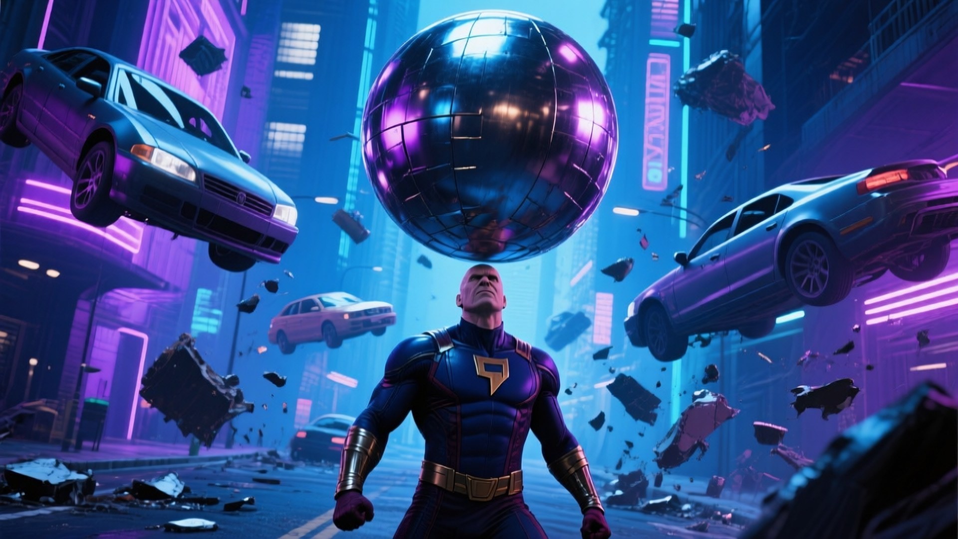 Magneto Metal Sphere 壁紙 — 一位身穿紫色套裝的超級英雄挑釁地站著，漂浮的汽車和碎片在霓虹燈閃爍的賽博龐克城市中圍繞著一個巨大的迪斯科球旋轉。