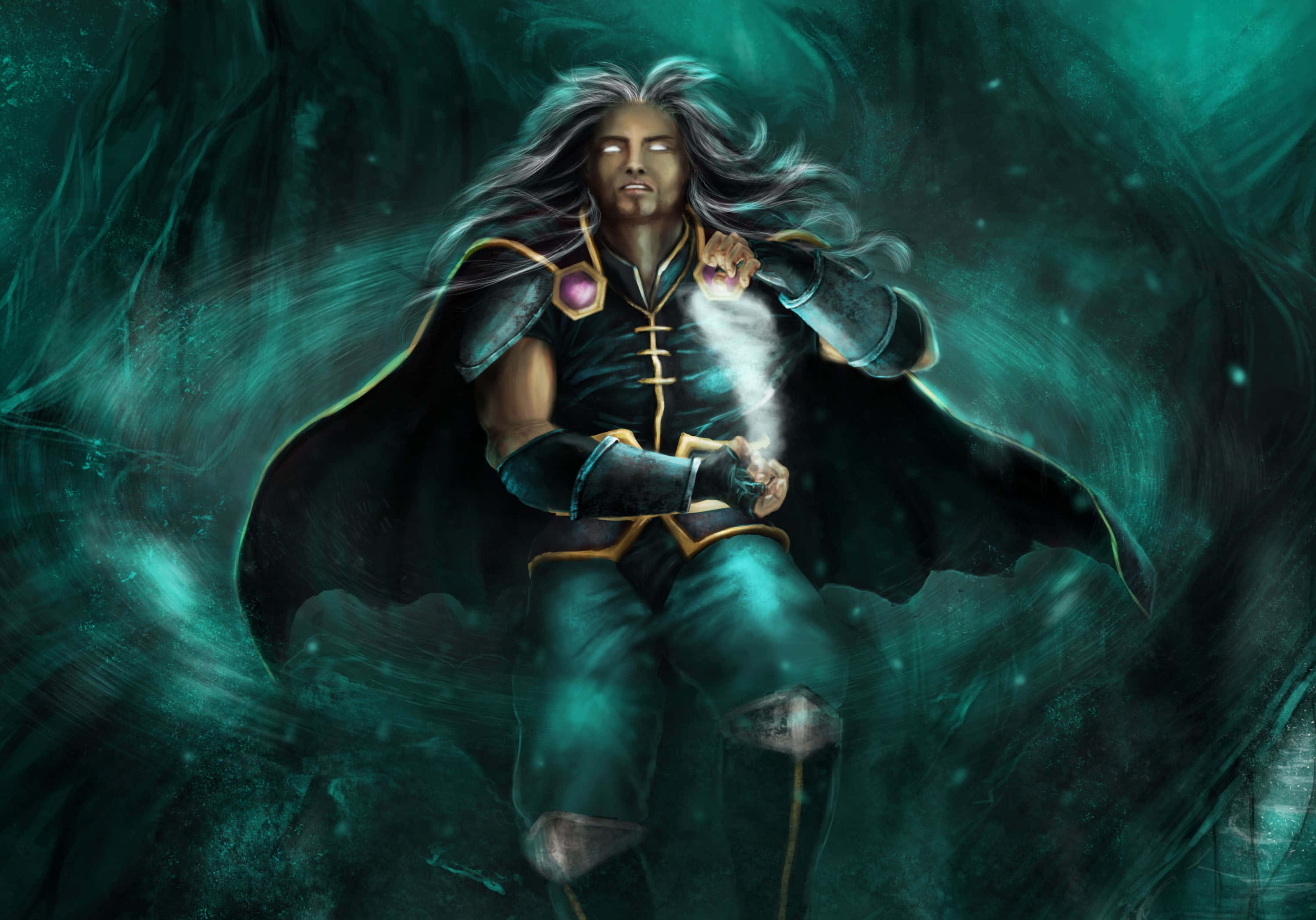 Mortal Kombat Fujin 桌布 壁紙 — 一位神秘戰士，雙眼發光，長髮飄逸，在旋轉的青色虛空中引導能量。