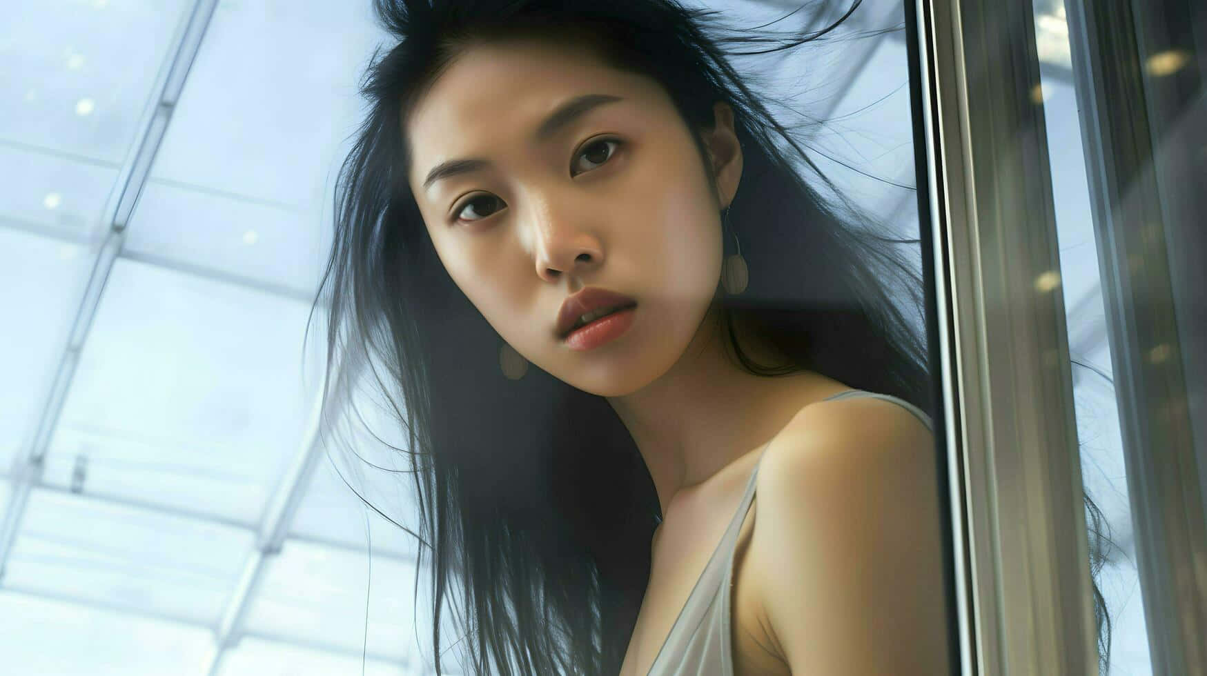  壁紙 — 一位深色頭髮的年輕女子在現代建築的玻璃窗後，在明亮的頭頂燈光下凝視著。