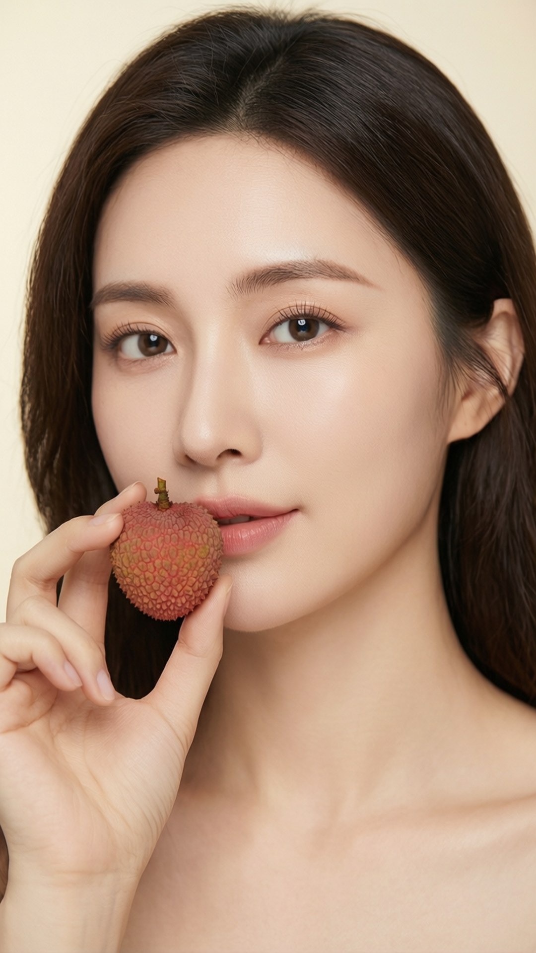 Litchi in Hand 壁紙 — 一位深色頭髮的女性在柔和的米色背景前，將荔枝果實靠近嘴唇。