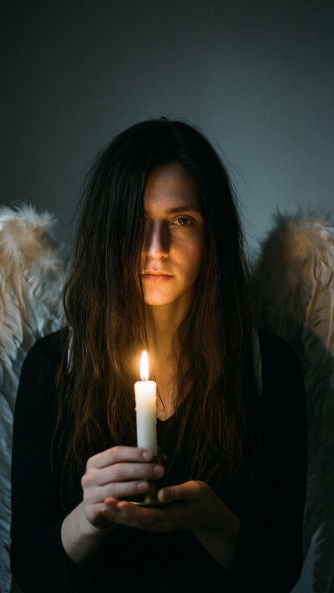 Dark Angel with Candle 壁紙 — 一位深色頭髮、擁有白色羽毛翅膀的女性在昏暗的房間裡拿著一支點燃的蠟燭。