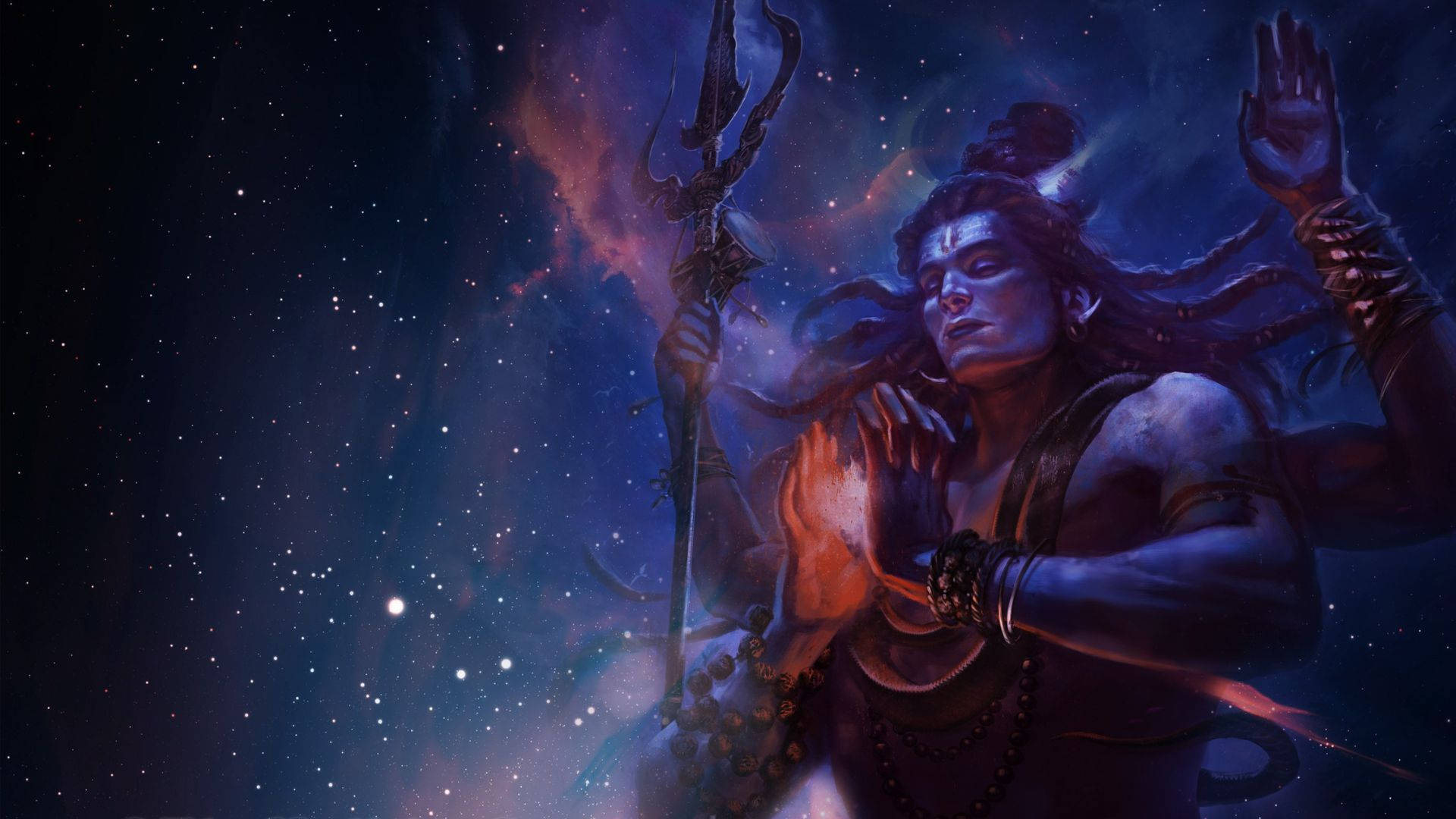 藍皮膚神祇在宇宙星辰和發光星雲中手持三叉戟。 — 濕婆 壁紙
