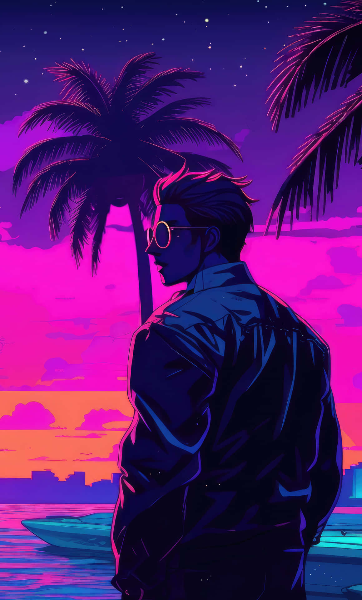  壁紙 — 一位時尚男士戴著太陽眼鏡，站在霓虹粉紅棕櫚樹下的水邊，城市天際線在黃昏中閃耀。