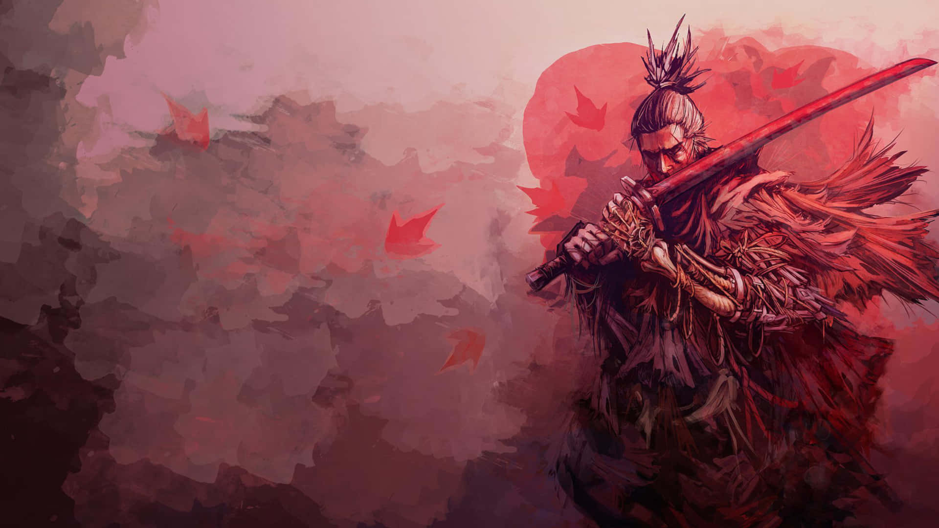  壁紙 — 一位手持紅色劍的武士站在深紅天空下飄落的楓葉中。