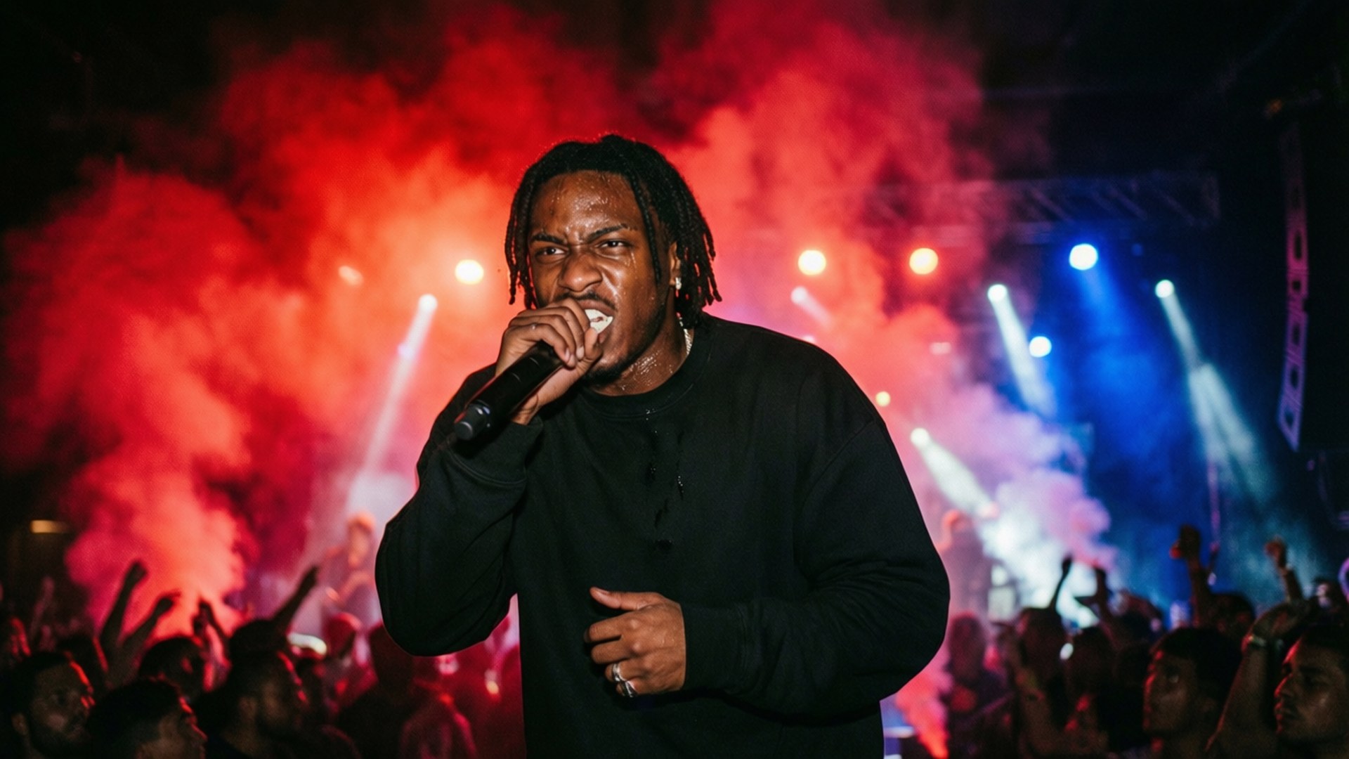 Skepta 桌布 壁紙 — 一位梳著辮子的說唱歌手在紅色和藍色舞台燈光下熱情地對著麥克風表演，身後是歡呼的人群。