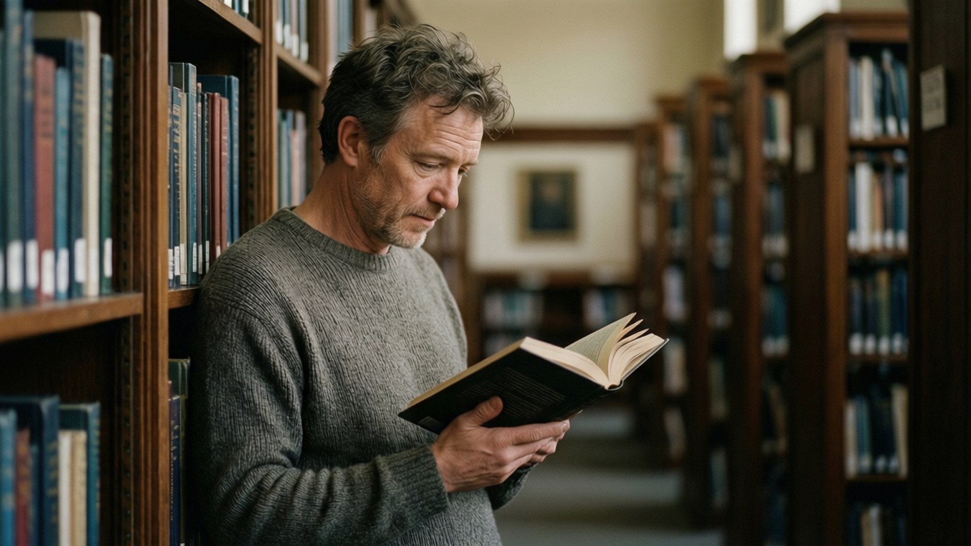 Martin Freeman 桌布 壁紙 — 一位頭髮花白的男士在一個安靜的圖書館裡，在排列著高大木書架的環境中閱讀一本書。