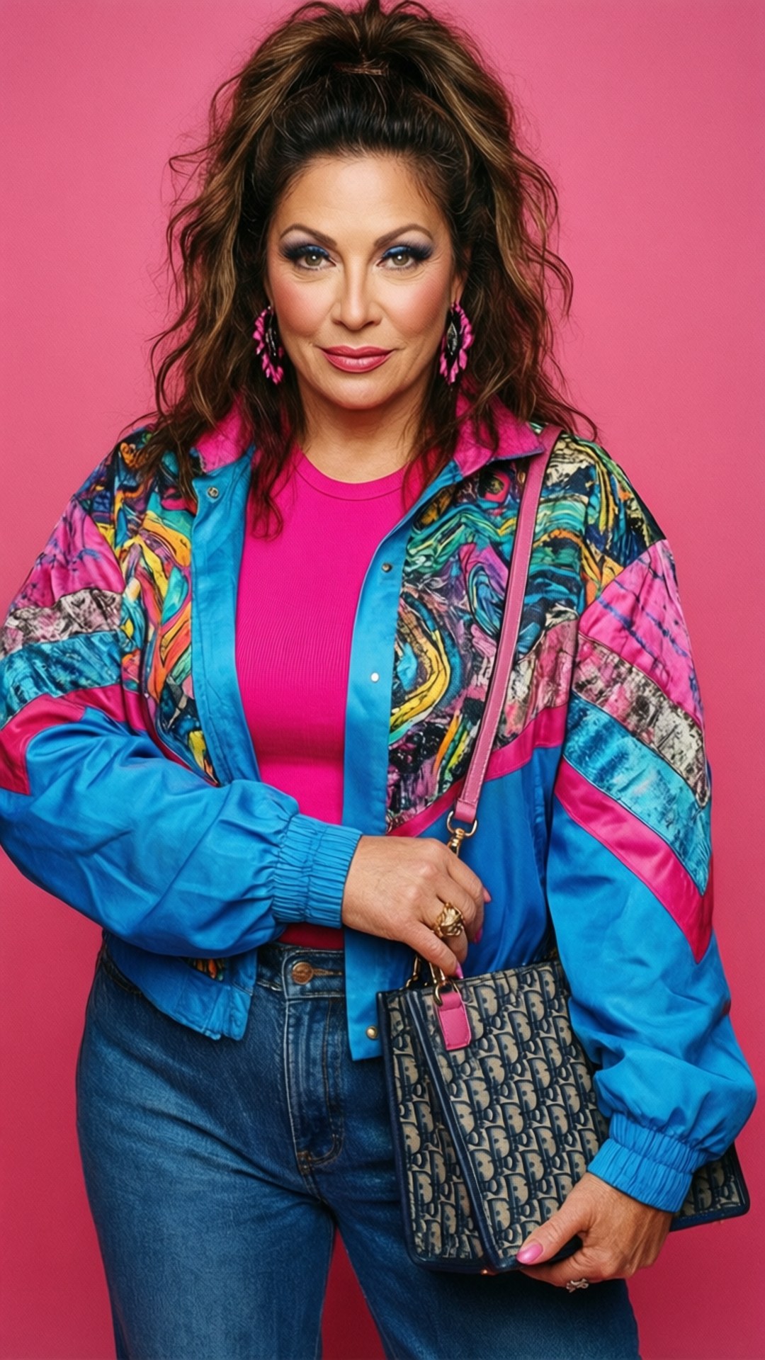 Sassy Sammy Jo 壁紙 — 一位頭髮濃密的女性穿著鮮豔的90年代風格外套，內搭粉紅色上衣，背景為純粉紅色。