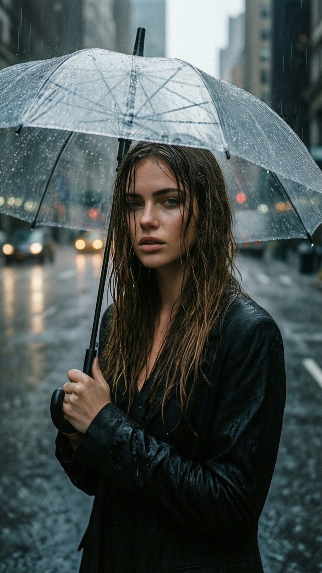 Rainy Day Mood 壁紙 — 一位頭髮濕透的女人在黃昏時分的城市街道上，手持透明雨傘，雨點落下。