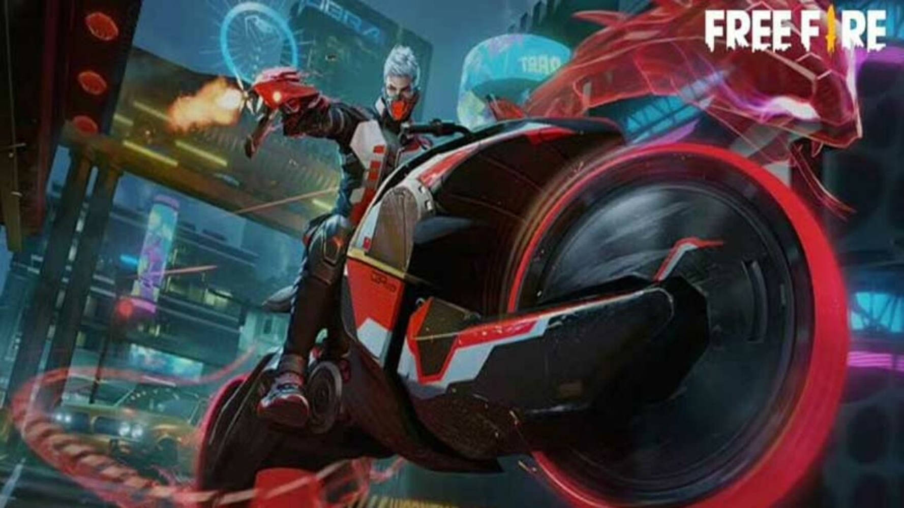 一個遊戲角色騎著紅色機車在霓虹城市中開火射擊。 — Free Fire 壁紙