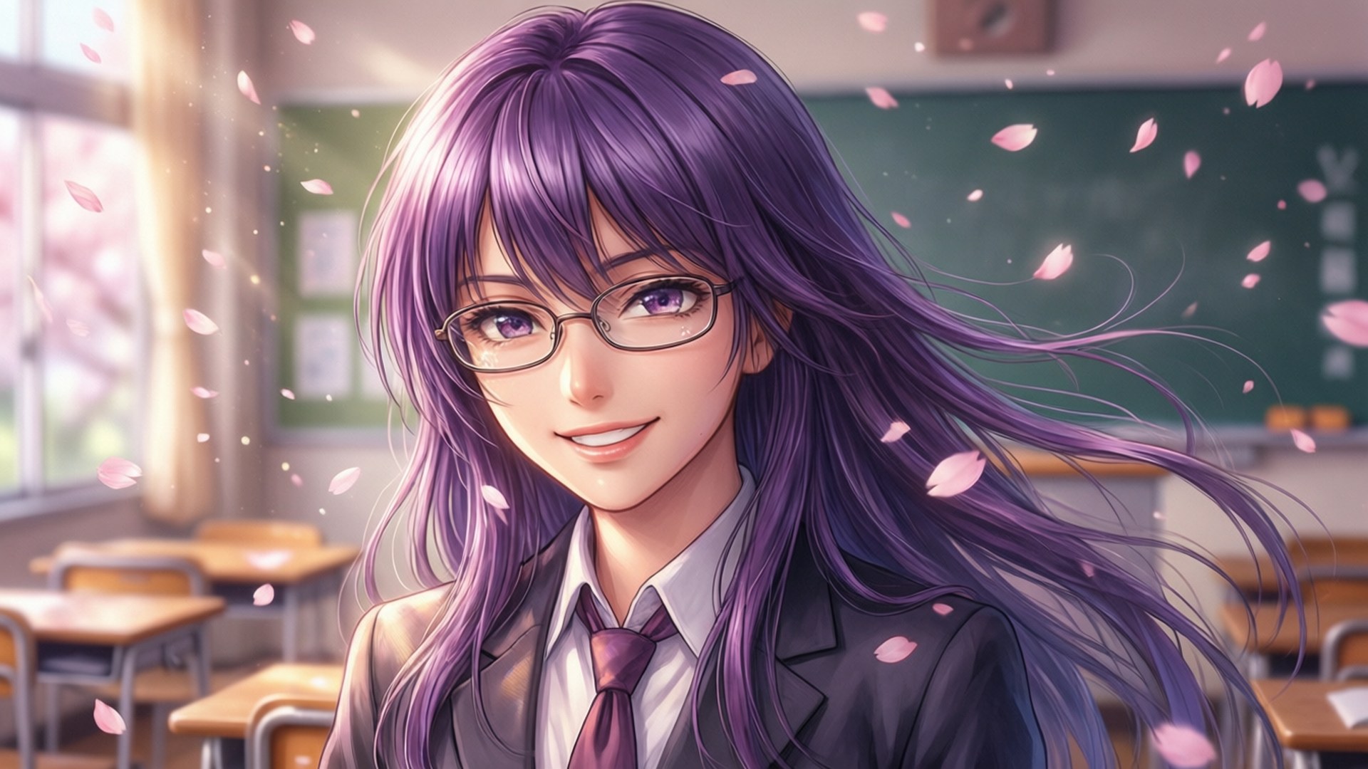 ReLIFE 桌布 壁紙 — 一位微笑的動漫女孩，紫色頭髮戴著眼鏡，站在教室裡，櫻花花瓣在她周圍飄落。