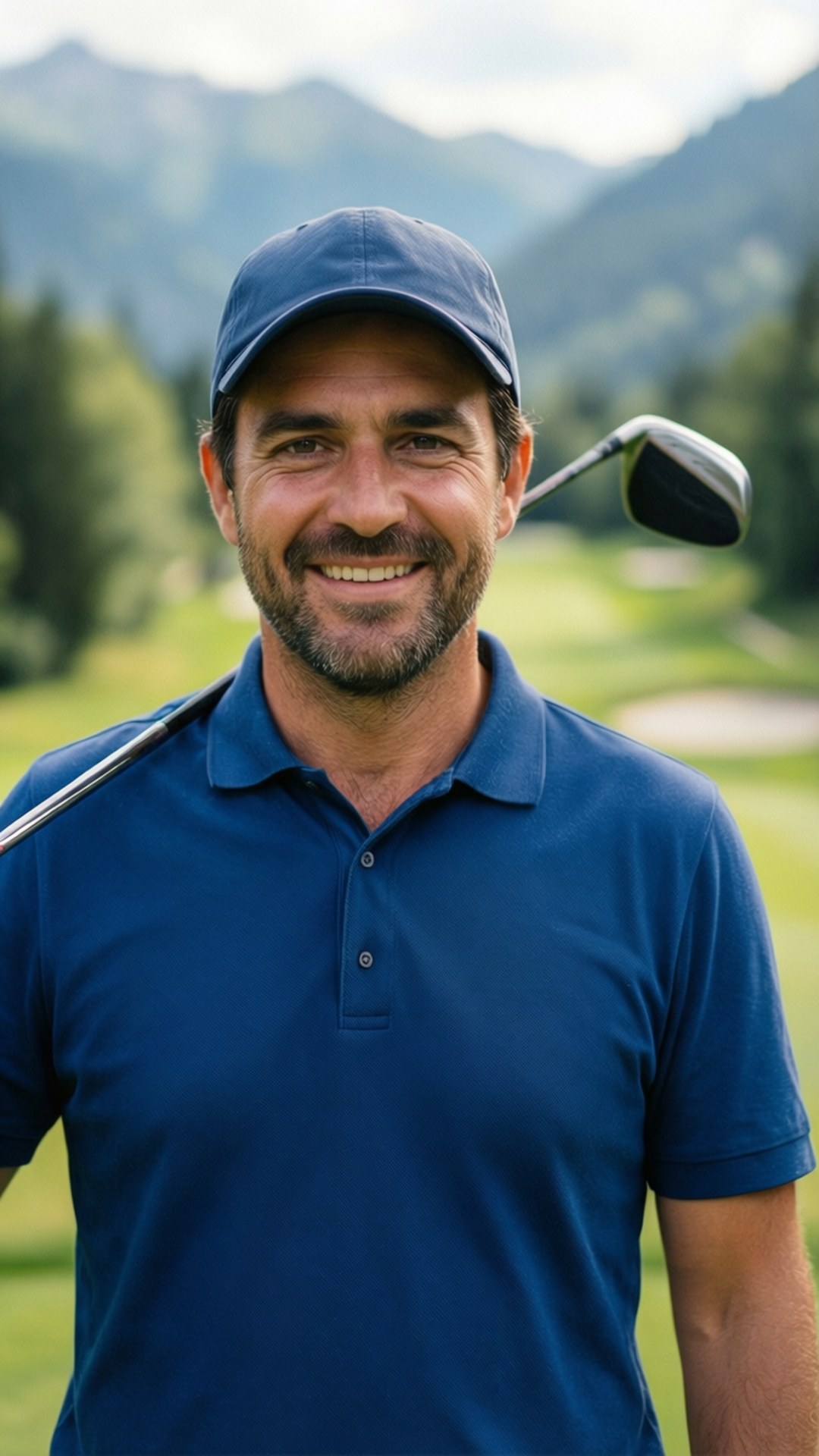 Confident Golfer 壁紙 — 一位微笑的高爾夫球手身穿藍色Polo衫和帽子，站在綠草如茵的球場上，背景是山巒。