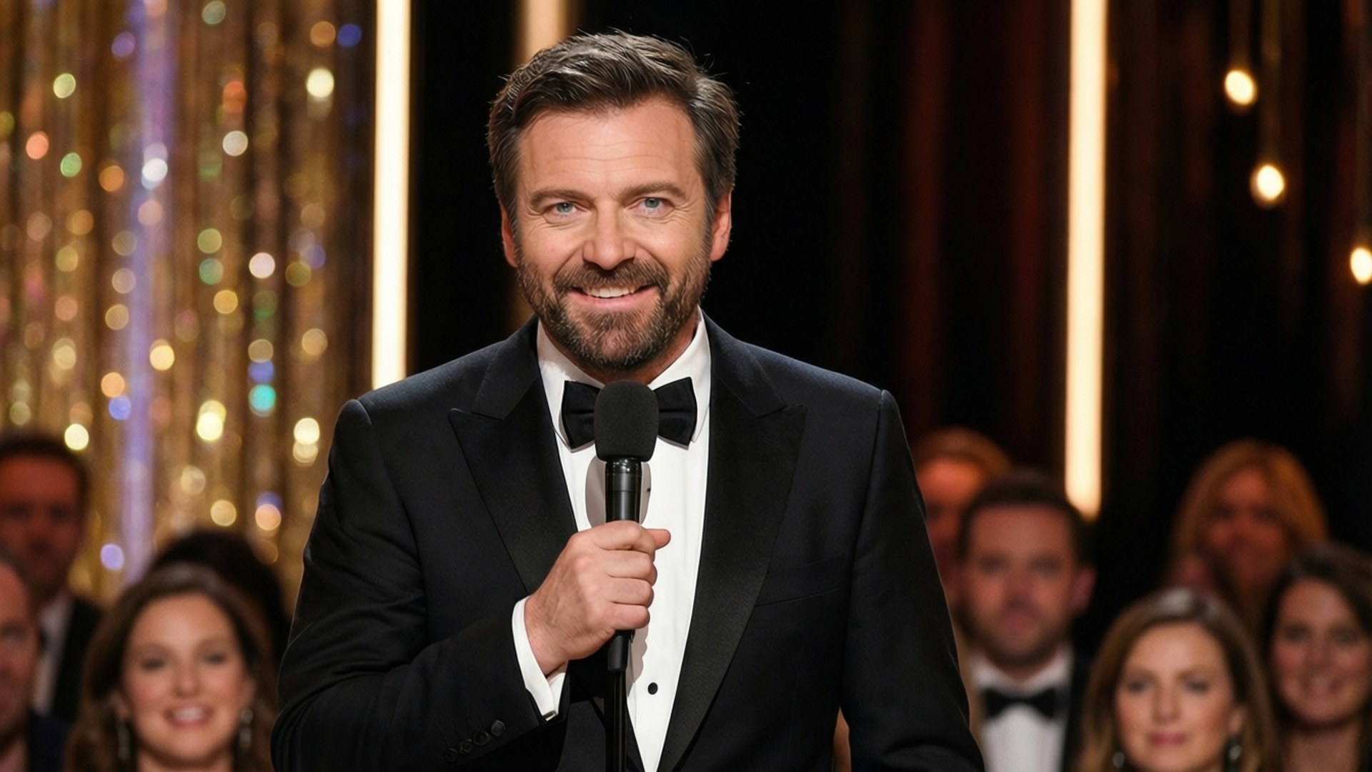 ricky gervais 桌布 壁紙 — 一位微笑的黑西裝男士在閃爍的舞台上拿著麥克風，身後有觀眾。