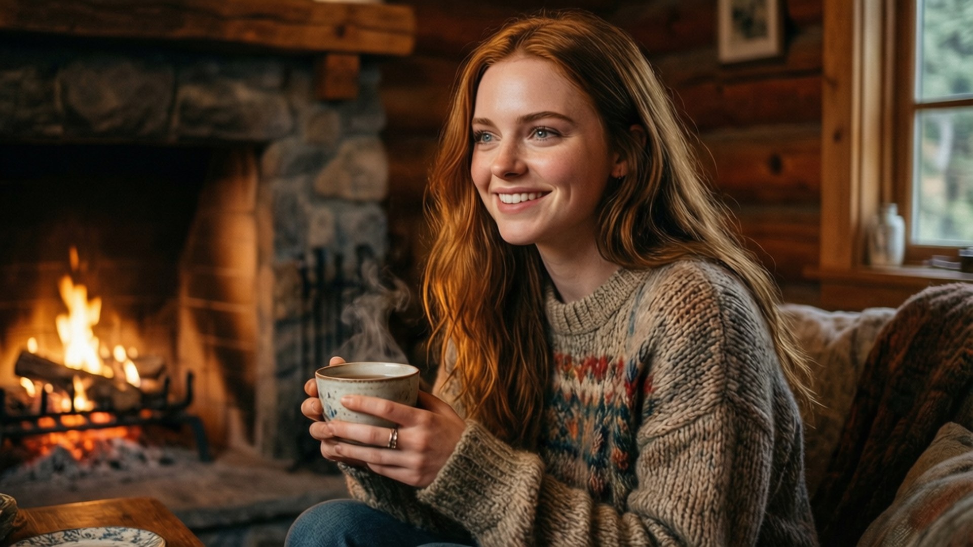 Sophie Turner Cozy Cabin 壁紙 — 一位微笑的紅髮女子在舒適的木屋中，手持冒著熱氣的杯子，旁邊是噼啪作響的石壁爐。