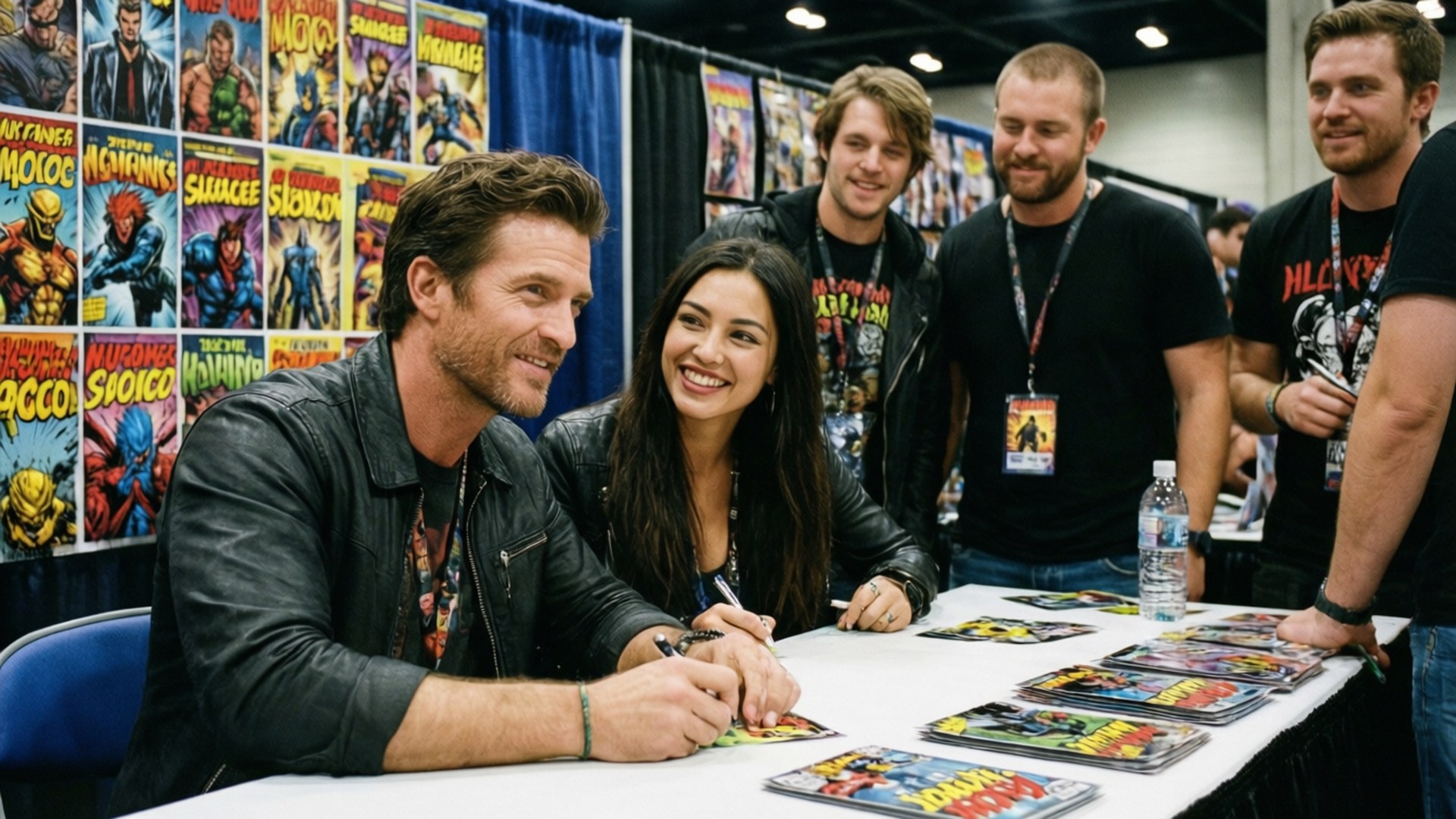 Comic Con Signing 壁紙 — 一位微笑的男士和女士在會議桌上為漫畫書簽名，周圍是粉絲和色彩繽紛的超級英雄海報。