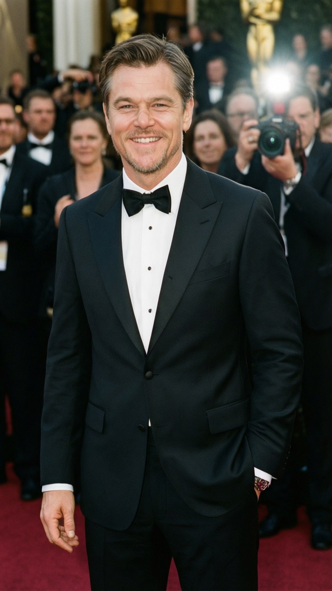 Oscar Glamour 壁紙 — 一位微笑的男子身穿黑色燕尾服配蝴蝶結，站在紅地毯上，周圍是攝影師和金色雕像。