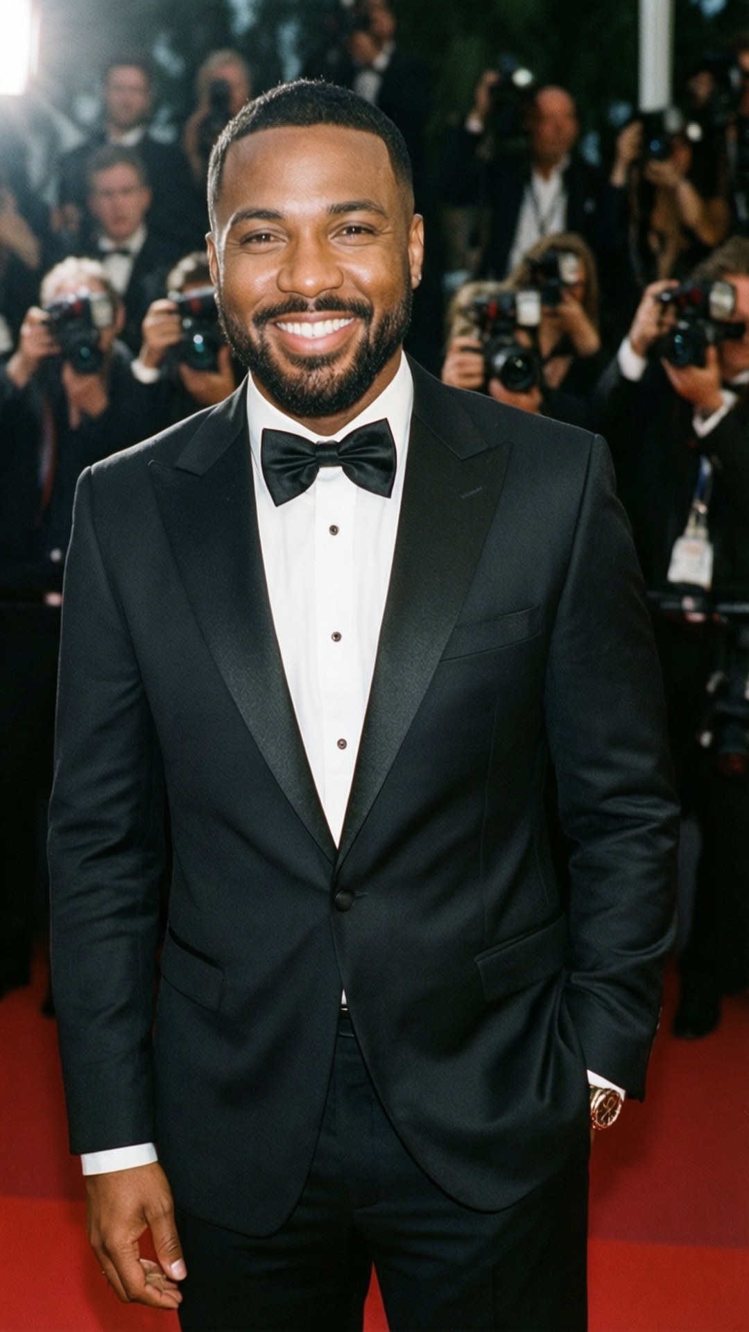 Glamorous Red Carpet 壁紙 — 一位微笑的男子身穿黑色燕尾服配蝴蝶結，自信地站在紅地毯上，周圍有攝影師。