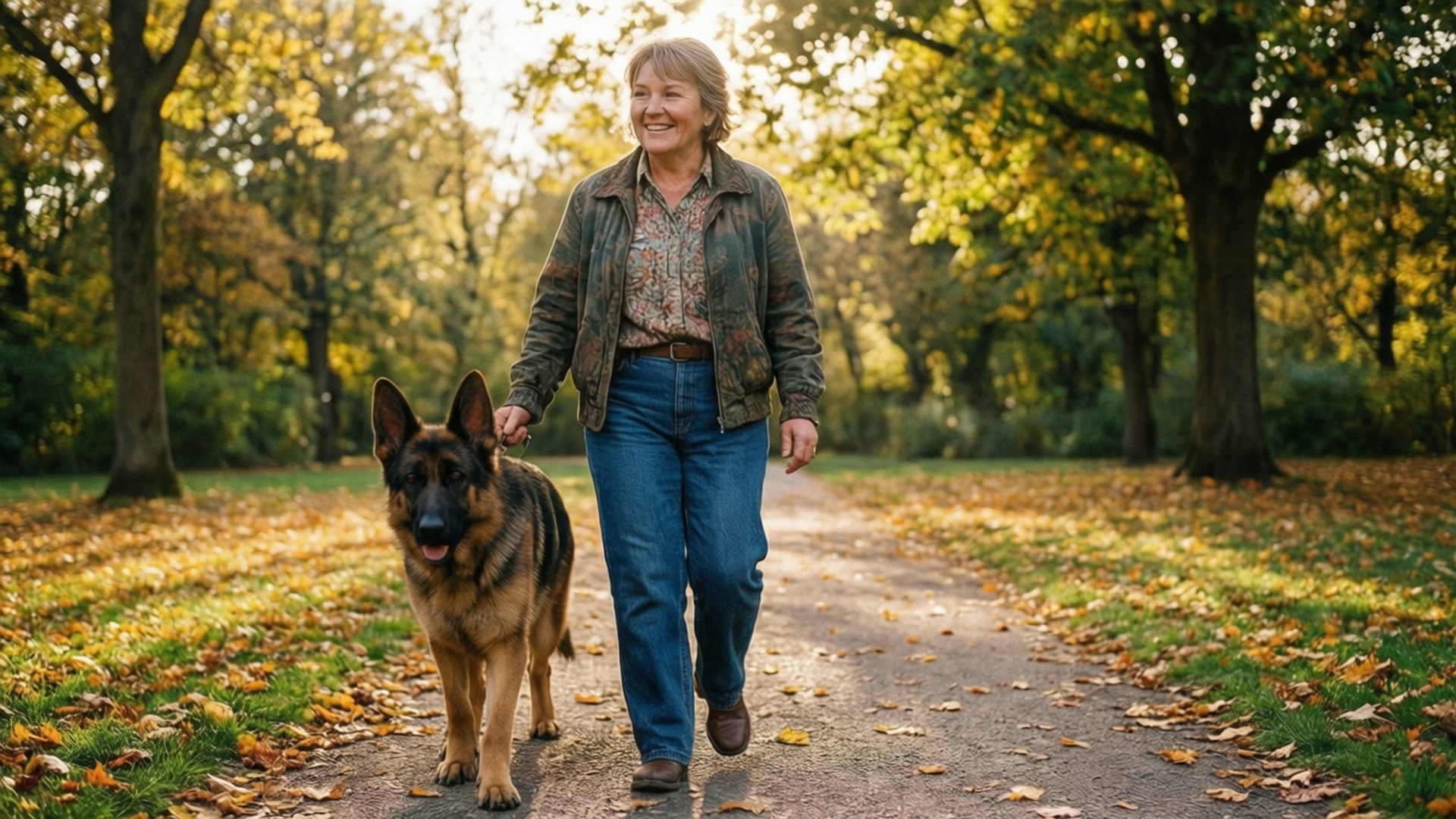 Dog Walk Golden Hour 壁紙 — 一位微笑的女士帶著她的德國牧羊犬在陽光明媚的秋日森林中，走在鋪滿落葉的小徑上。