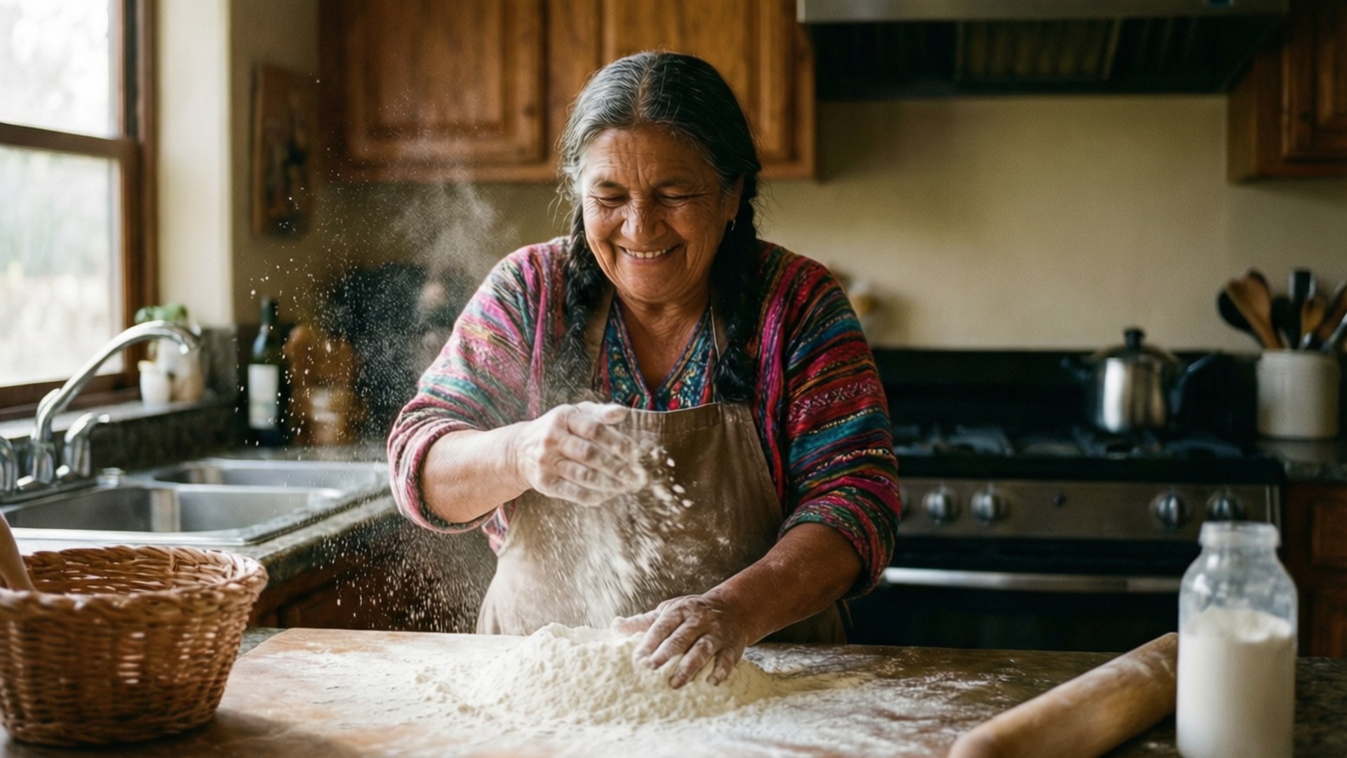 Abuela's Kitchen 壁紙 — 一位微笑的女子穿著彩色襯衫和圍裙，在陽光明媚的廚房裡開心地撒麵粉。