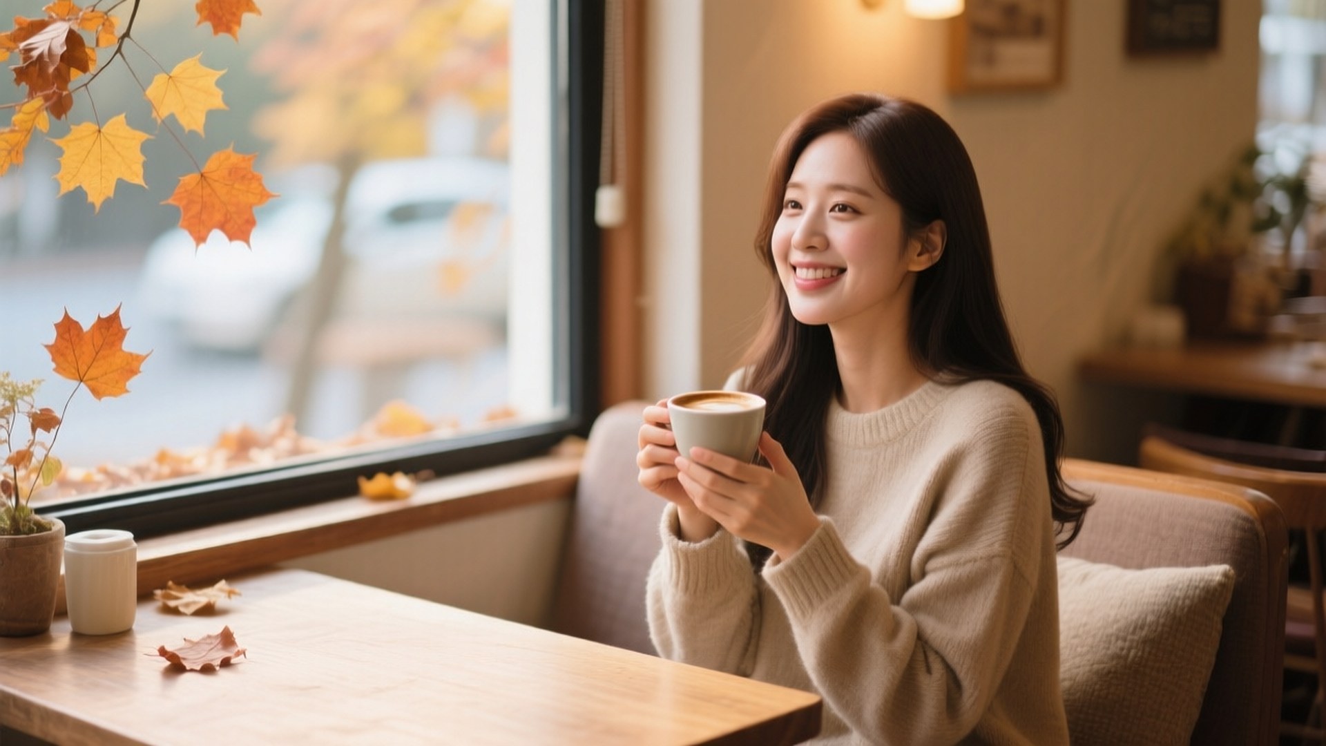 Cozy Café Taeyeon 壁紙 — 一位微笑的女子穿著米色毛衣，在窗邊拿著咖啡杯，窗外秋葉飄落。