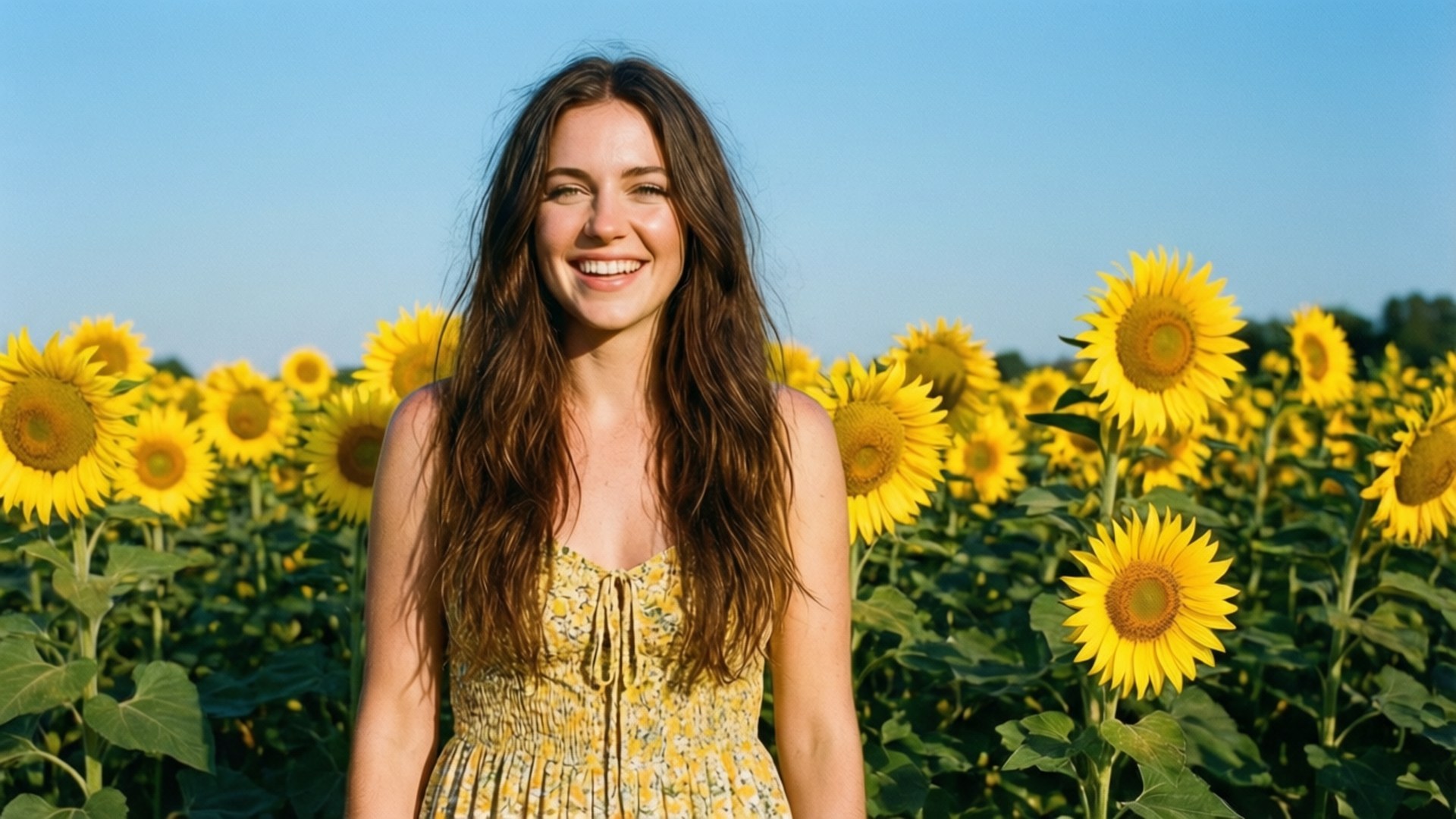 Sunflower Field 壁紙 — 一位微笑的女子身穿黃色碎花裙，在晴朗的藍天下，開心地站在高大的向日葵叢中。